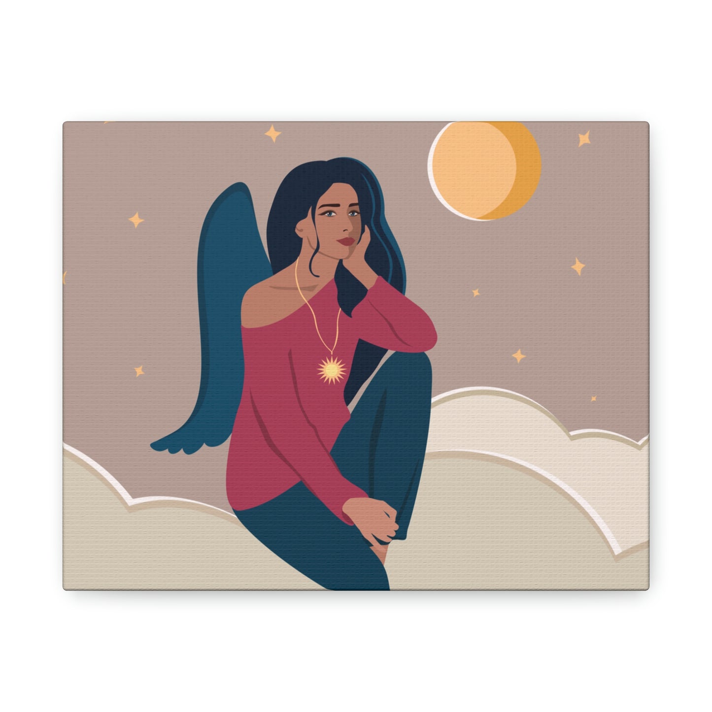 Women Angel Portrait Sitting On Clouds Cartoon Art Canvas Gallery Wraps