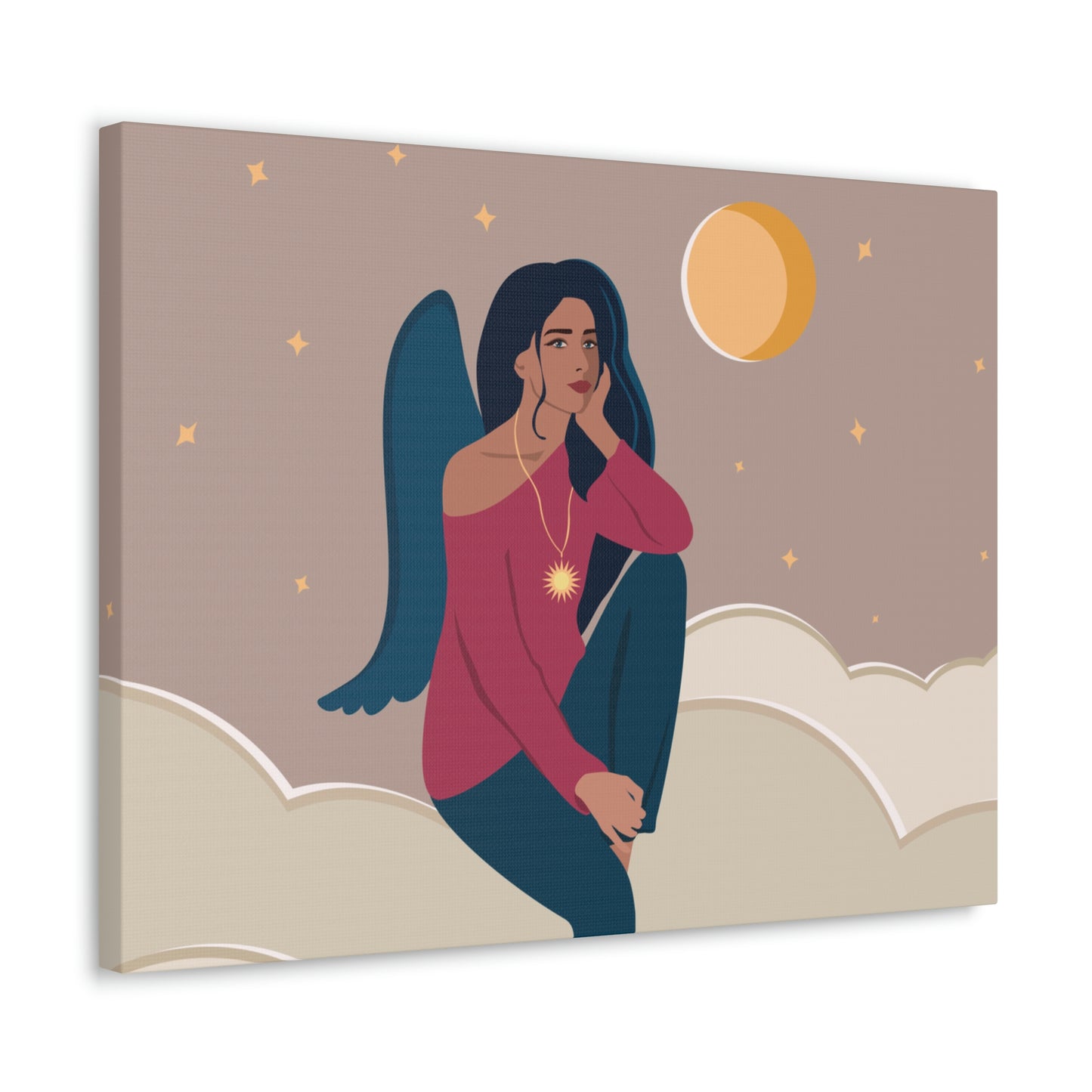 Women Angel Portrait Sitting On Clouds Cartoon Art Canvas Gallery Wraps