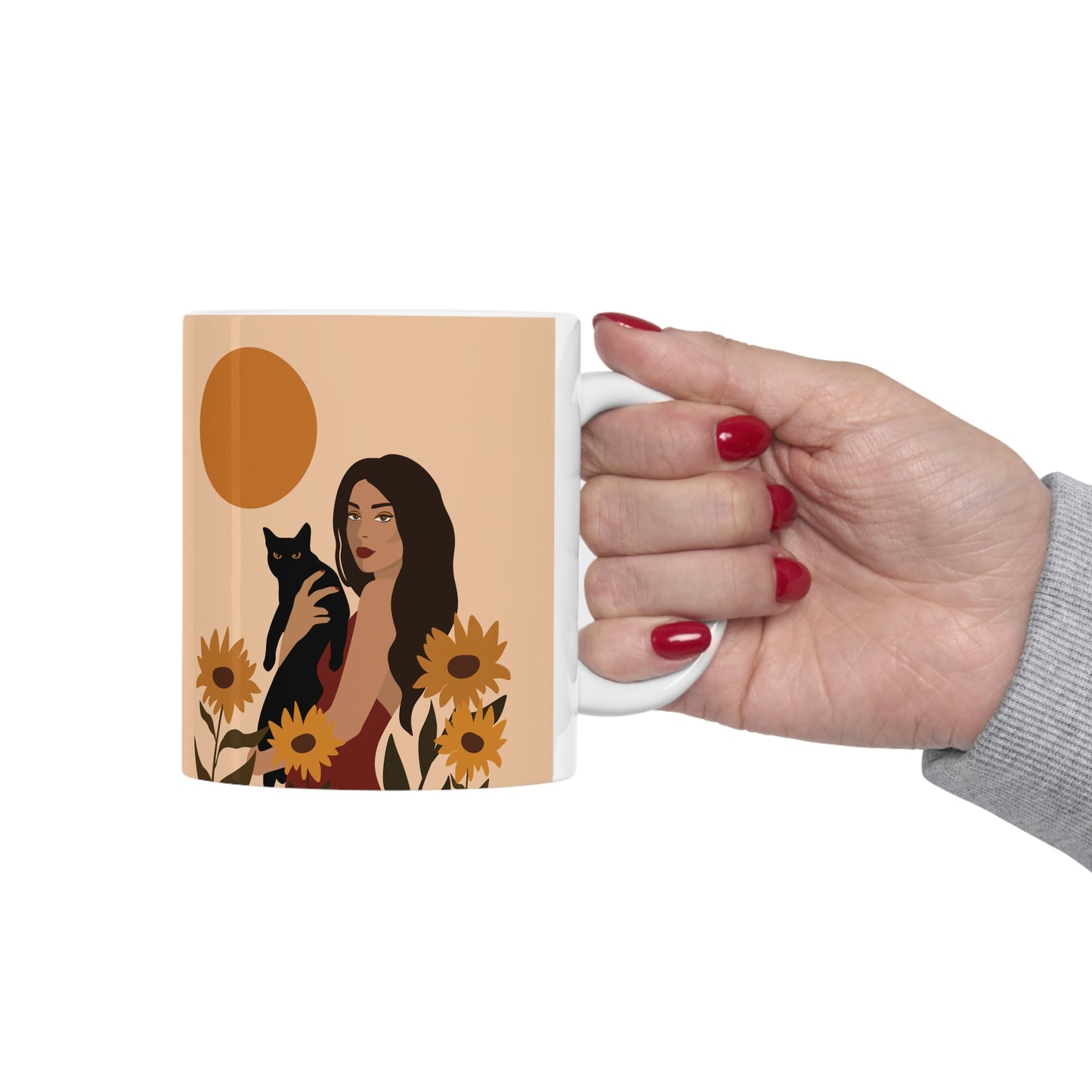 Woman with Black Cat Mininal Sunflowers Aesthetic Art Ceramic Mug 11oz