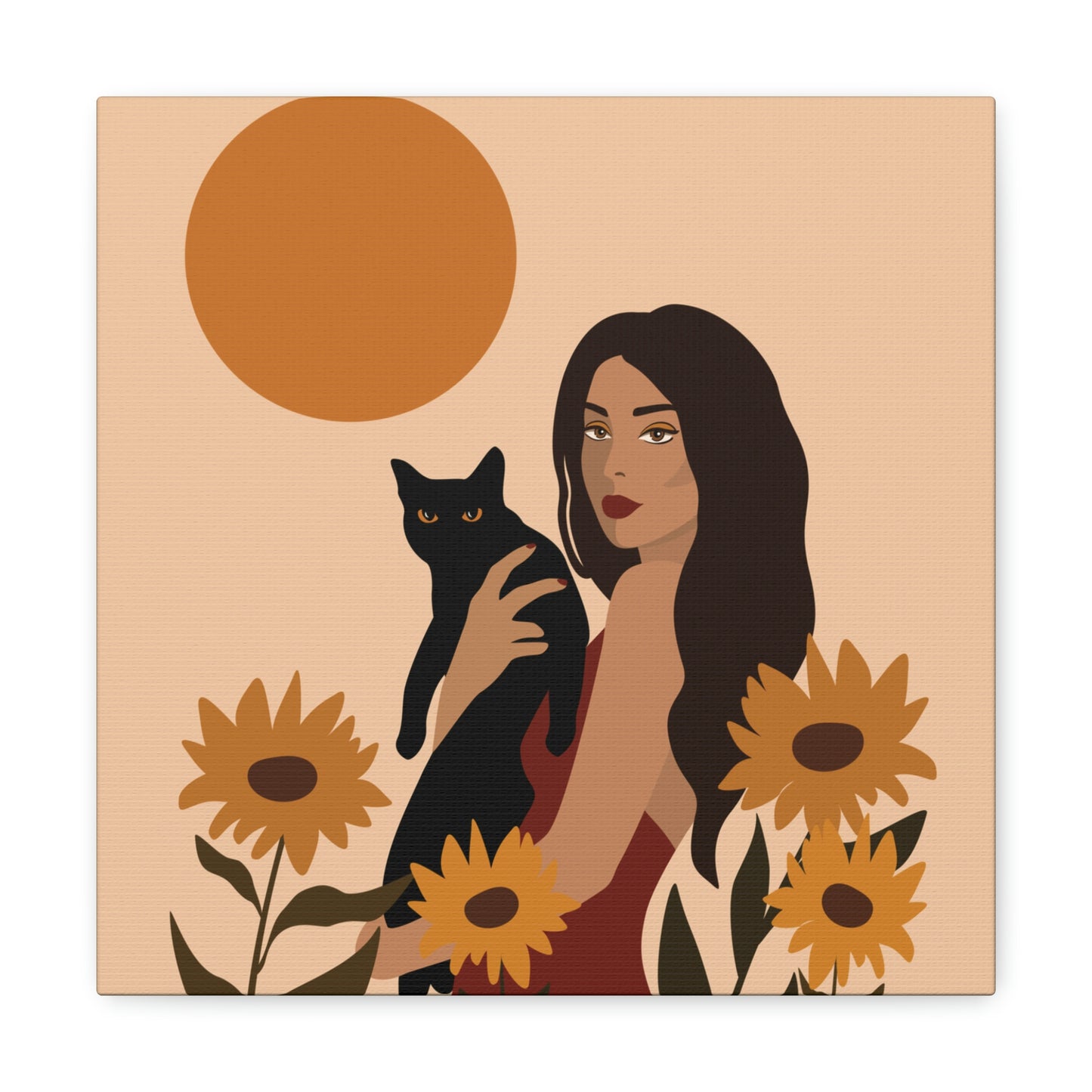 Woman with Black Cat Mininal Sunflowers Aesthetic Art Canvas Gallery Wraps