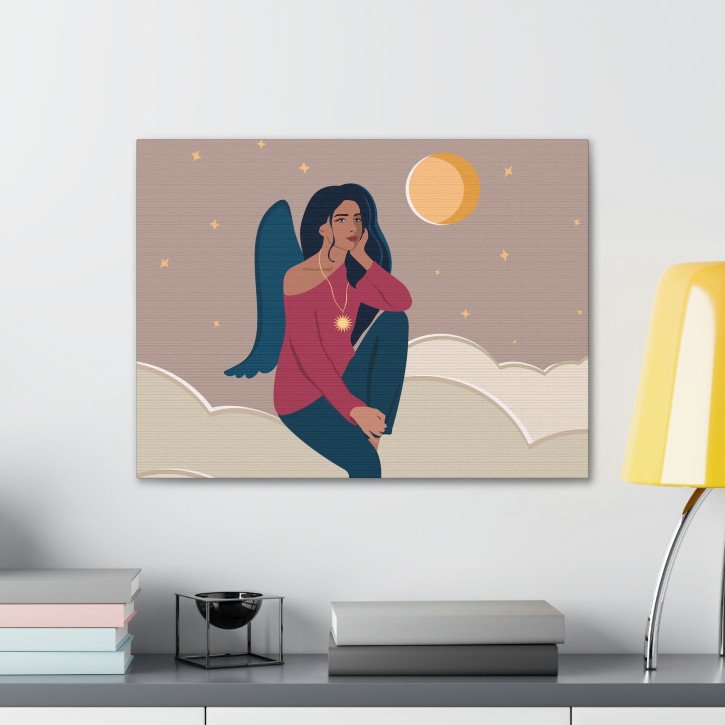 Women Angel Portrait Sitting On Clouds Cartoon Art Canvas Gallery Wraps