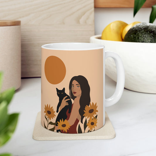 Woman with Black Cat Mininal Sunflowers Aesthetic Art Ceramic Mug 11oz