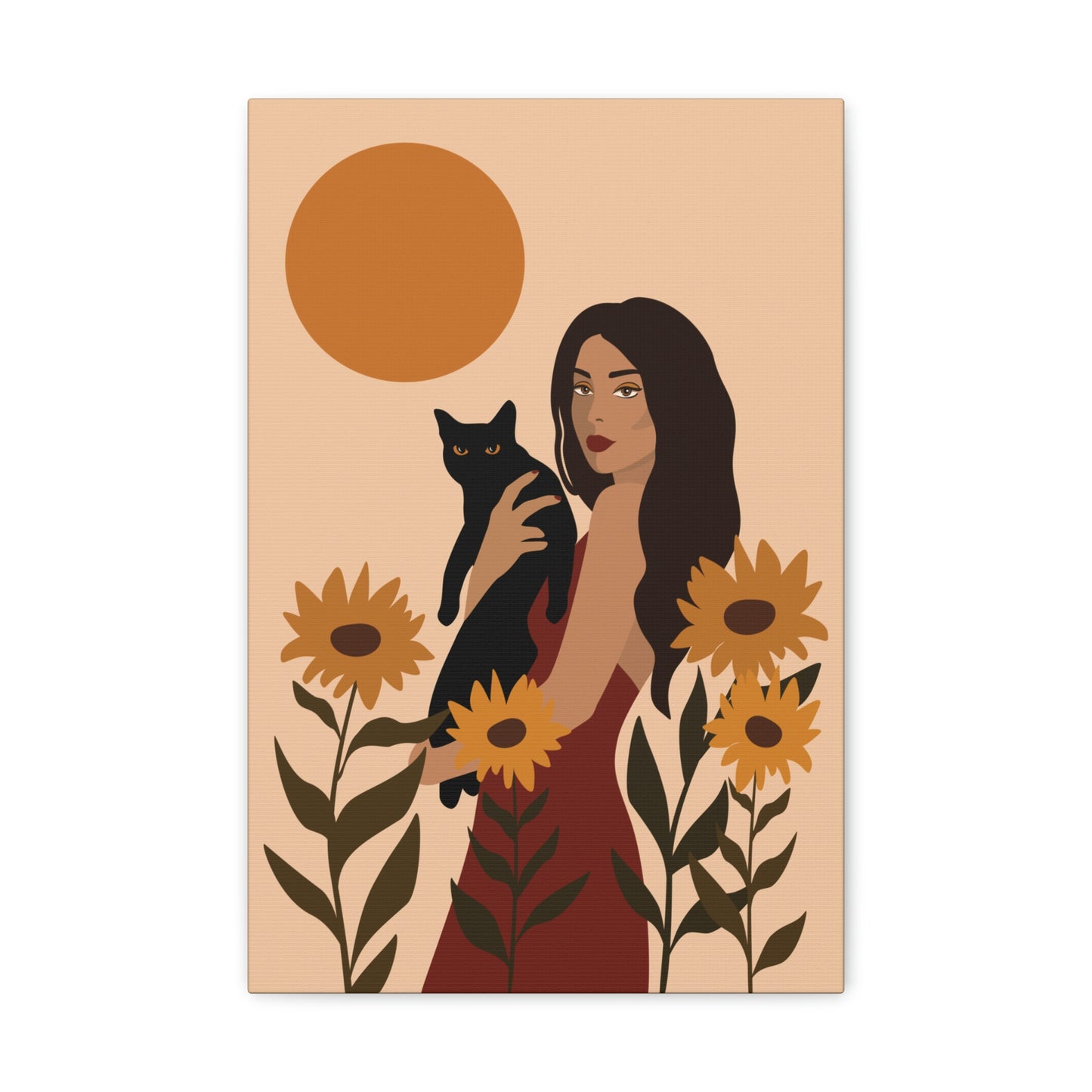 Woman with Black Cat Mininal Sunflowers Aesthetic Art Canvas Gallery Wraps