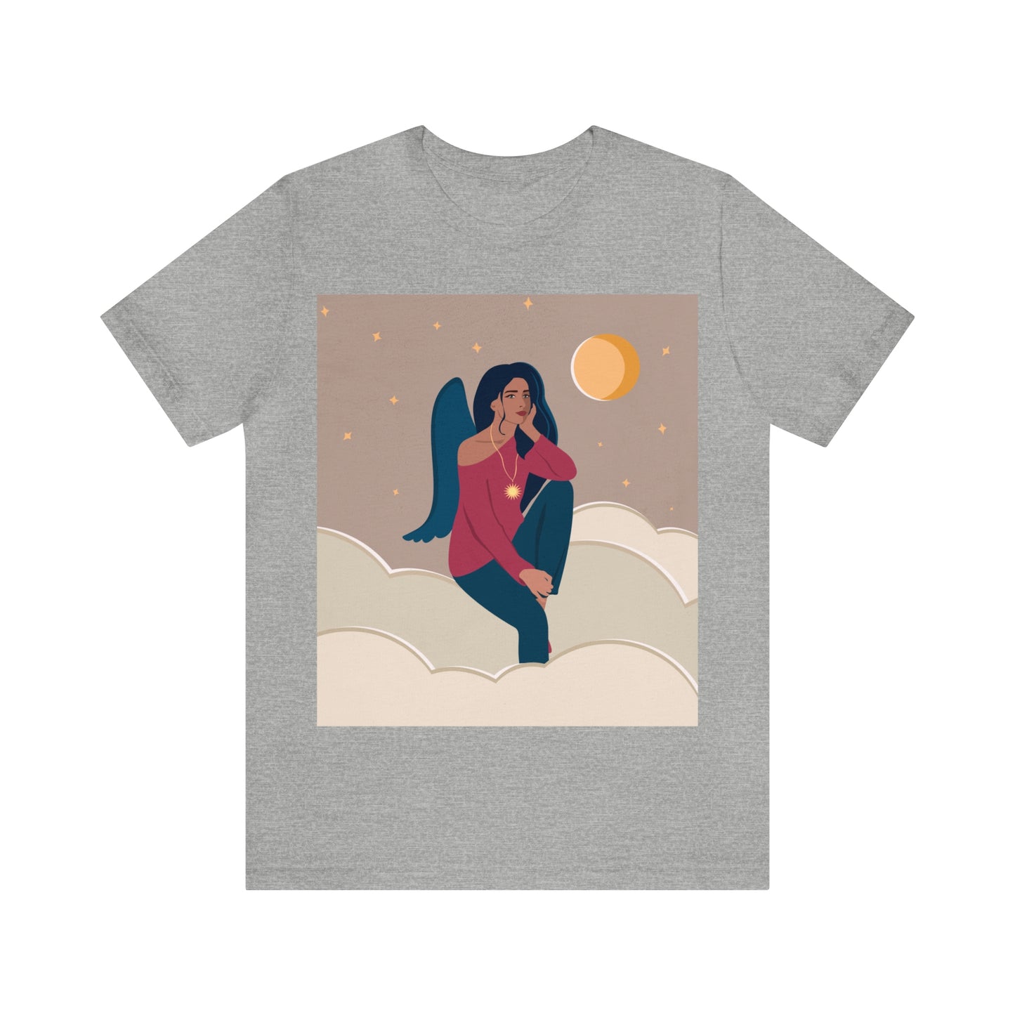 Women Angel Portrait Sitting On Clouds Cartoon Art Unisex Jersey Short Sleeve T-Shirt