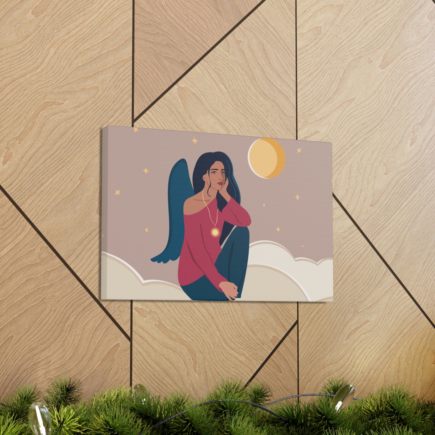 Women Angel Portrait Sitting On Clouds Cartoon Art Canvas Gallery Wraps