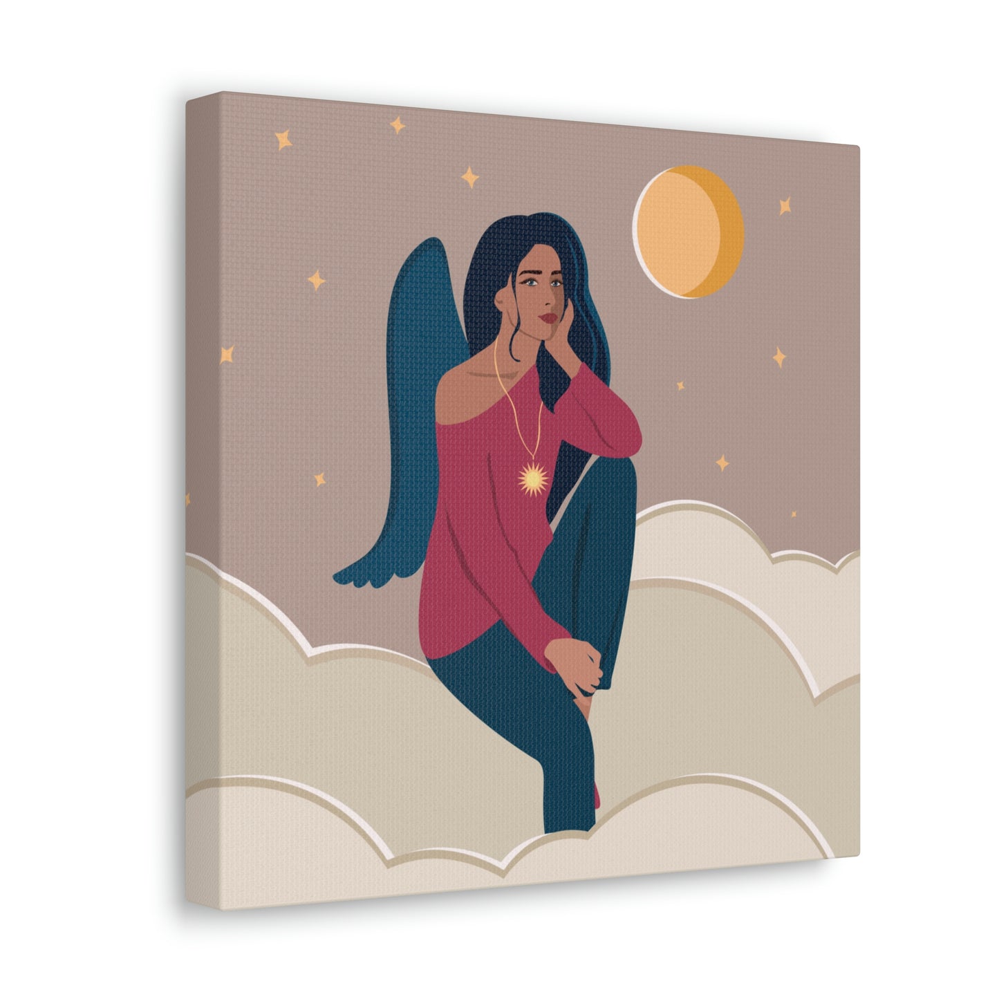 Women Angel Portrait Sitting On Clouds Cartoon Art Canvas Gallery Wraps