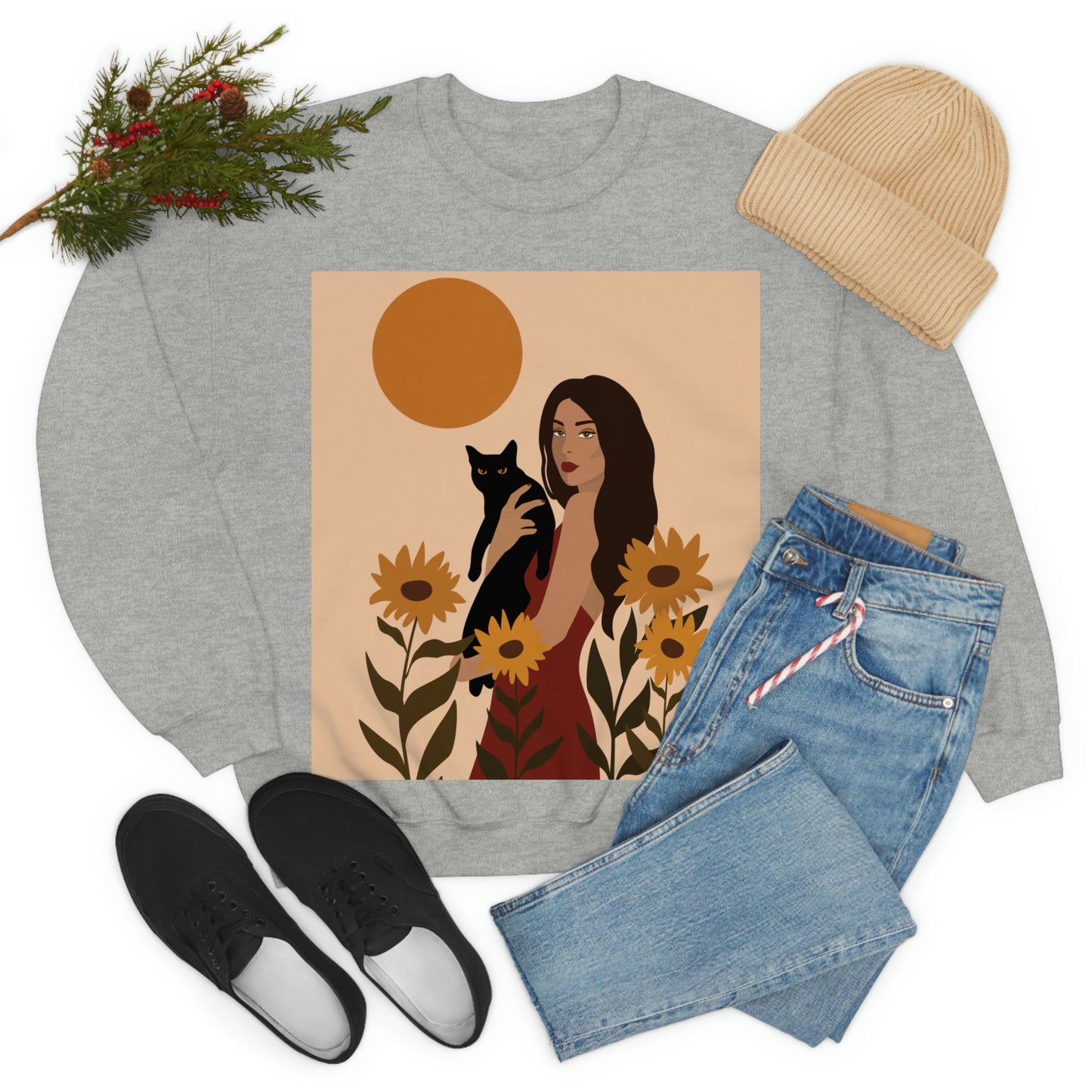 Woman with Black Cat Mininal Sunflowers Aesthetic Art Unisex Heavy Blend™ Crewneck Sweatshirt