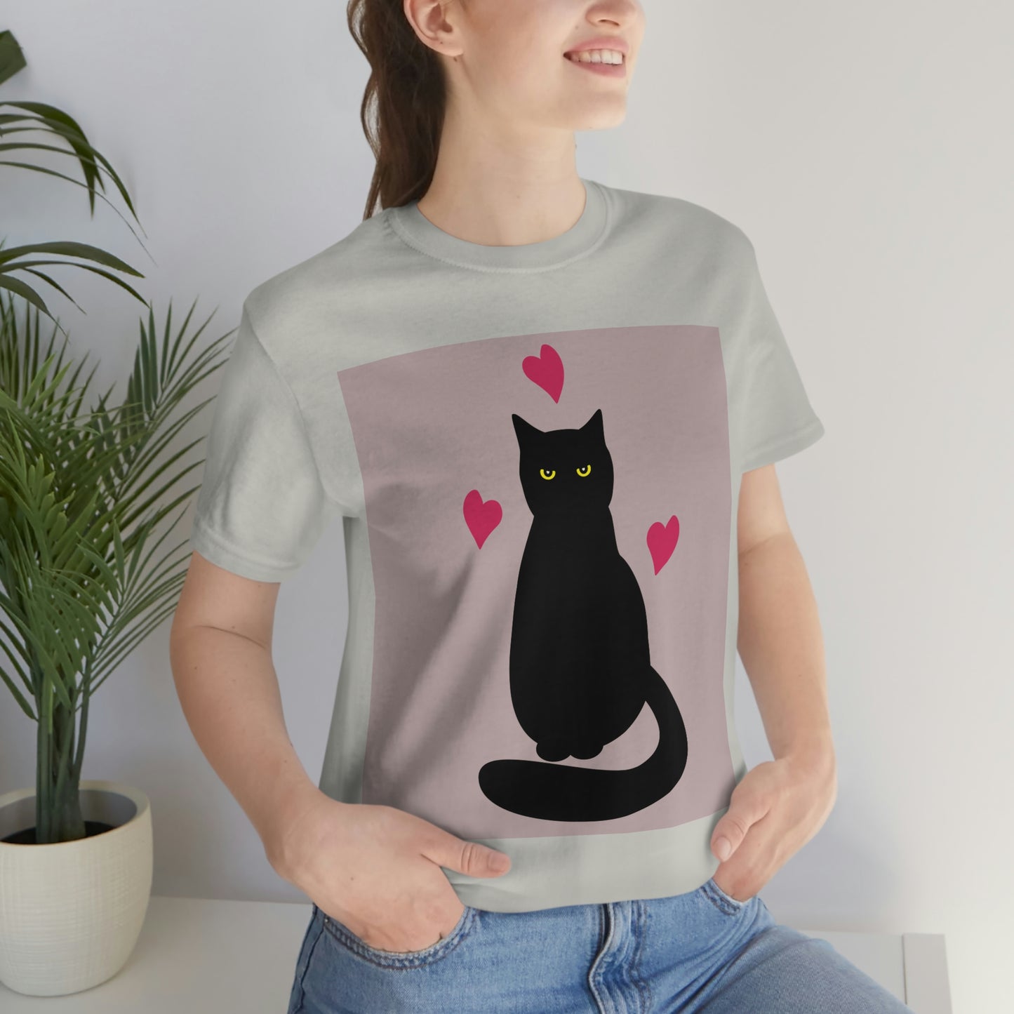 Black Cat with Heart Love Unisex Jersey Short Sleeve T-Shirt