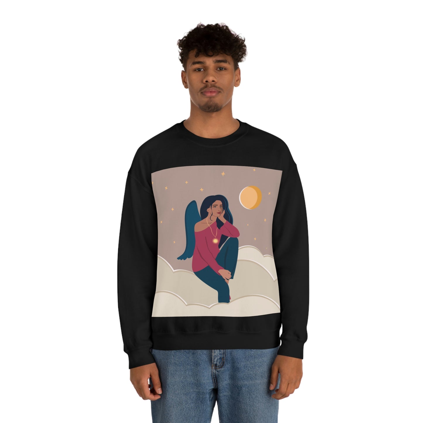 Women Angel Portrait Sitting On Clouds Cartoon Art Unisex Heavy Blend™ Crewneck Sweatshirt