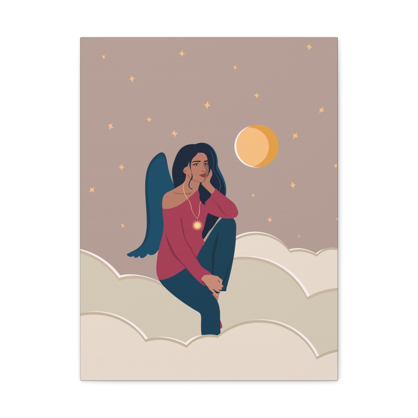 Women Angel Portrait Sitting On Clouds Cartoon Art Canvas Gallery Wraps