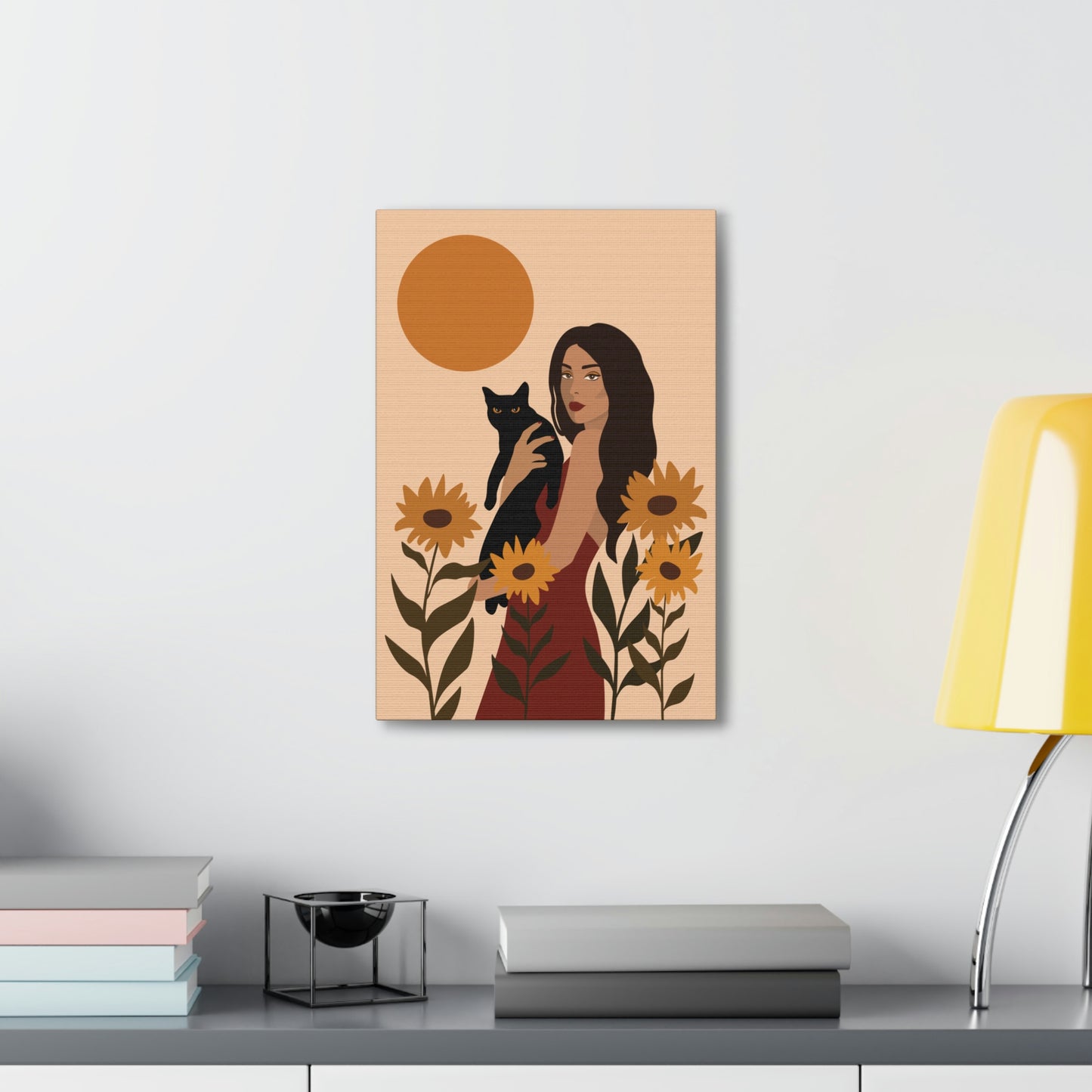 Woman with Black Cat Mininal Sunflowers Aesthetic Art Canvas Gallery Wraps