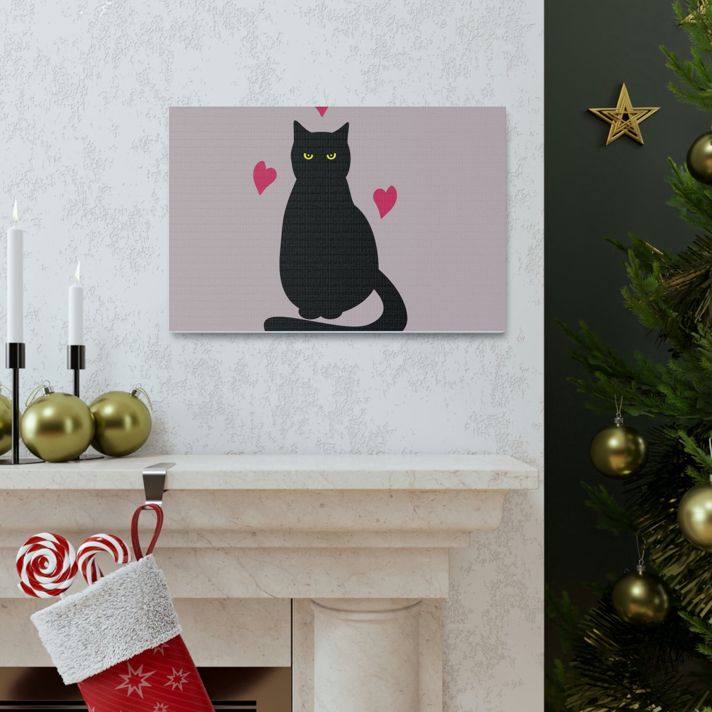 Black Cat with Heart Love Aesthetic Classic Art Canvas Gallery Wraps