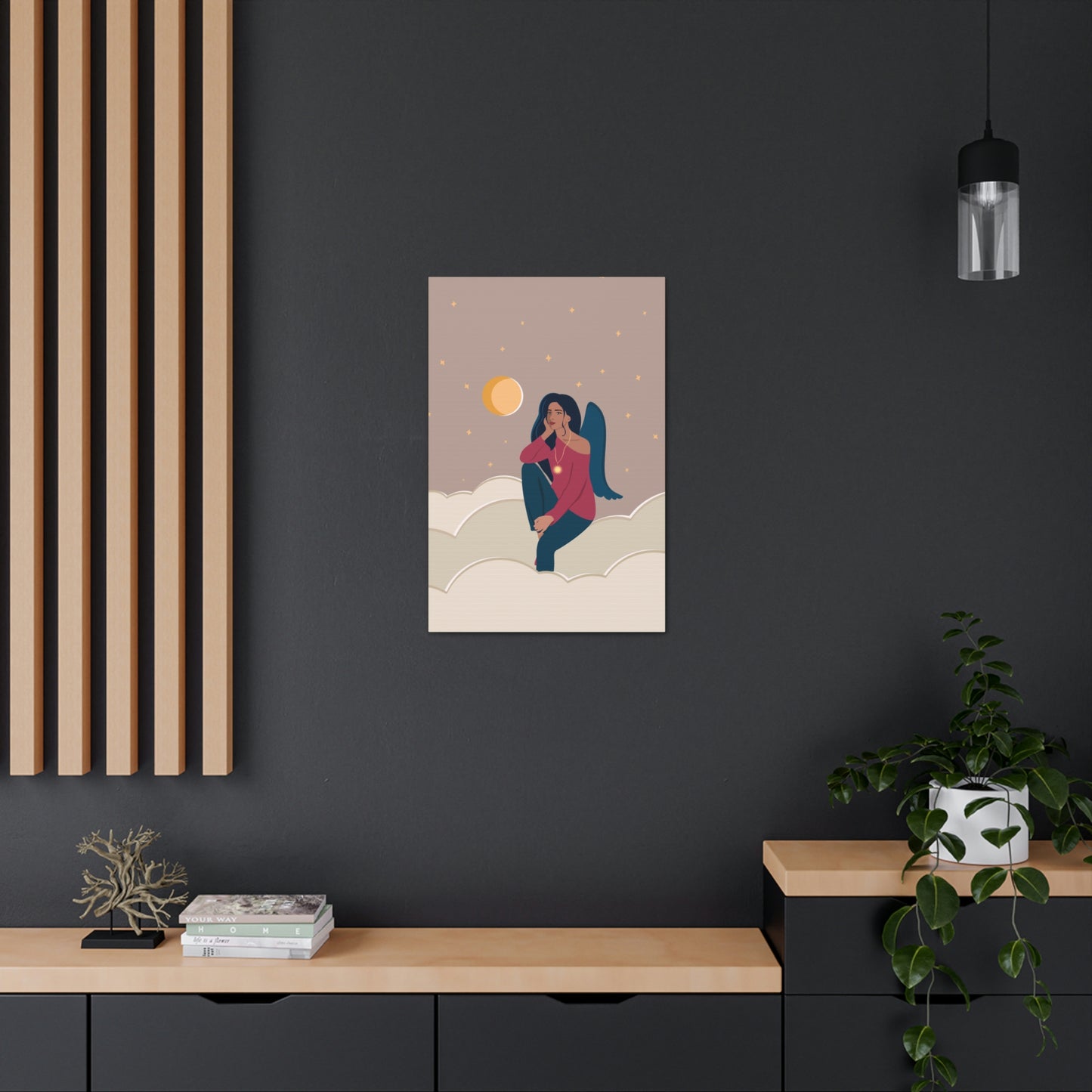 Women Angel Portrait Sitting On Clouds Cartoon Art Canvas Gallery Wraps