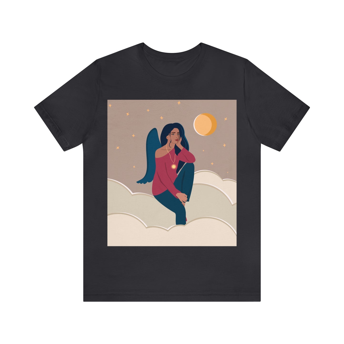 Women Angel Portrait Sitting On Clouds Cartoon Art Unisex Jersey Short Sleeve T-Shirt