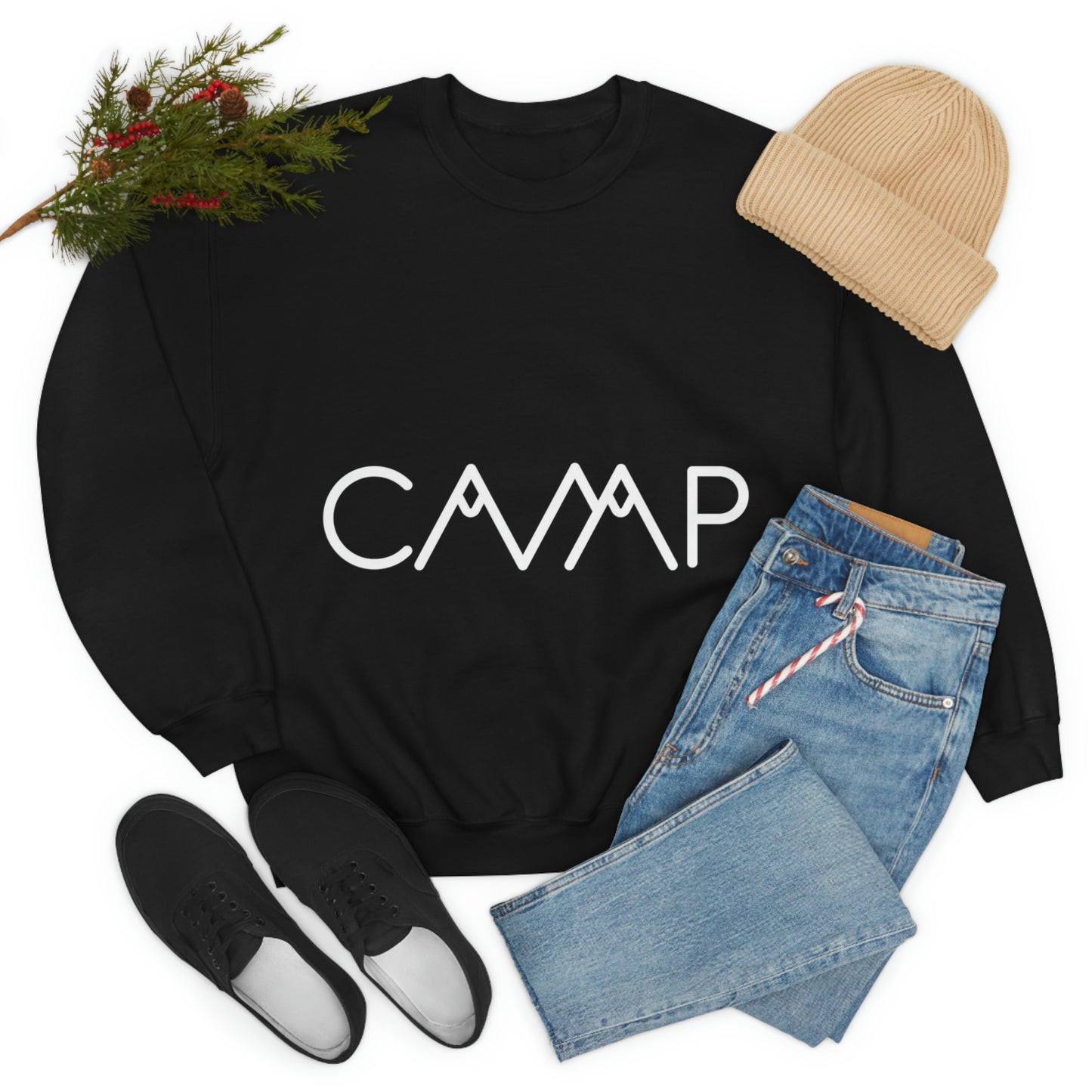 Camping Typography Minimal Art White Text Unisex Heavy Blend™ Crewneck Sweatshirt