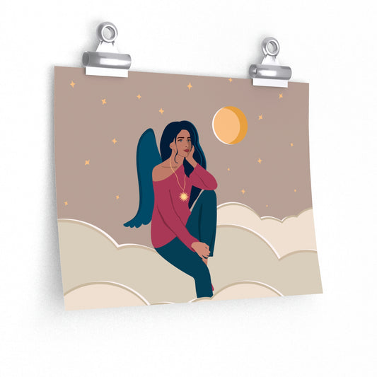 Women Angel Portrait Sitting On Clouds Cartoon Art Classic Premium Matte Horizontal Posters