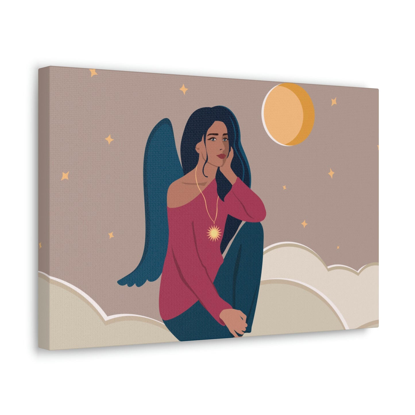 Women Angel Portrait Sitting On Clouds Cartoon Art Canvas Gallery Wraps