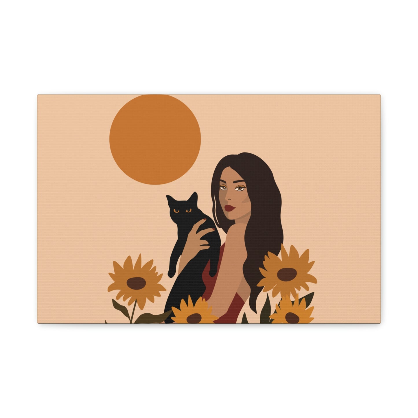 Woman with Black Cat Mininal Sunflowers Aesthetic Art Canvas Gallery Wraps