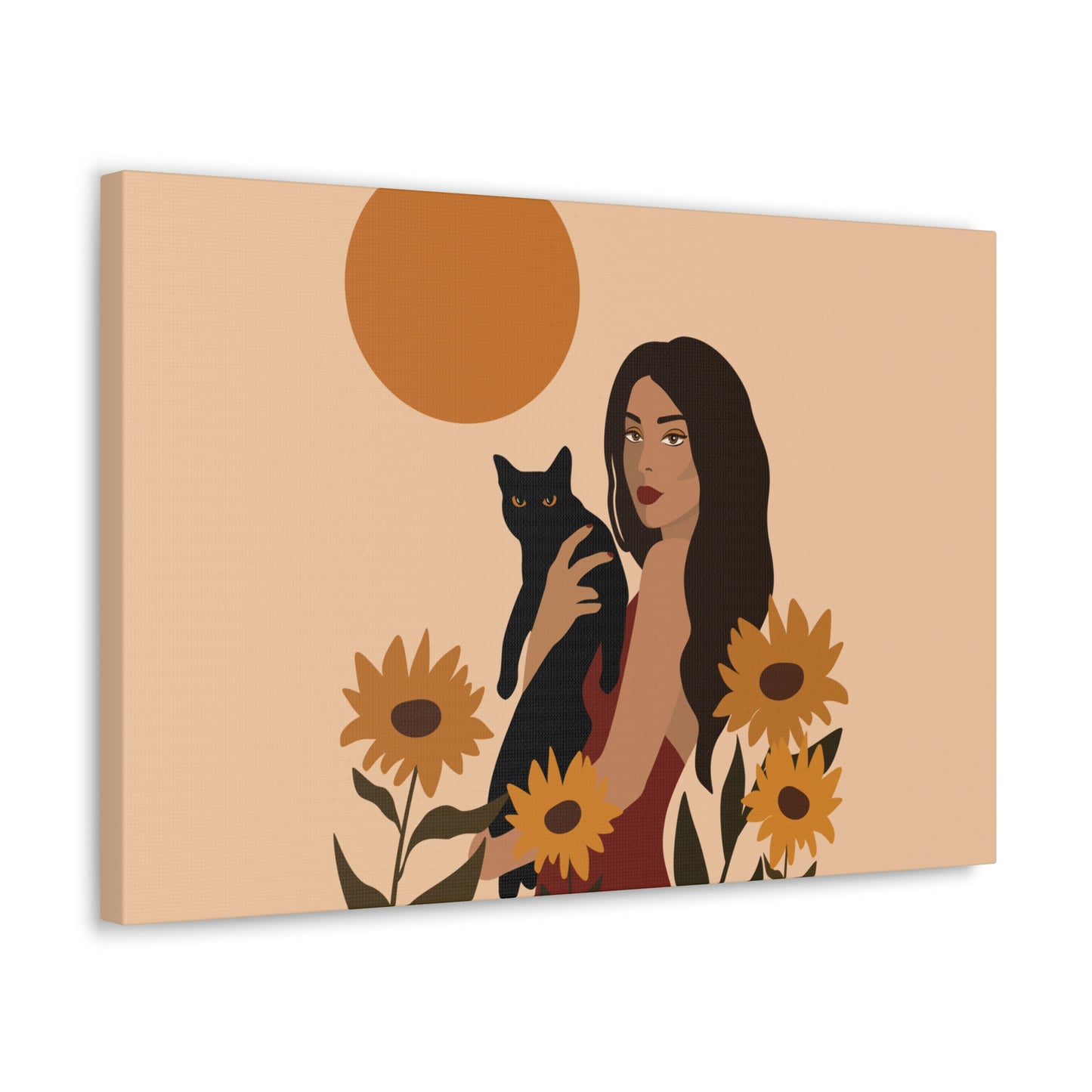 Woman with Black Cat Mininal Sunflowers Aesthetic Art Canvas Gallery Wraps