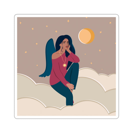 Women Angel Portrait Sitting On Clouds Cartoon Art Die-Cut Sticker