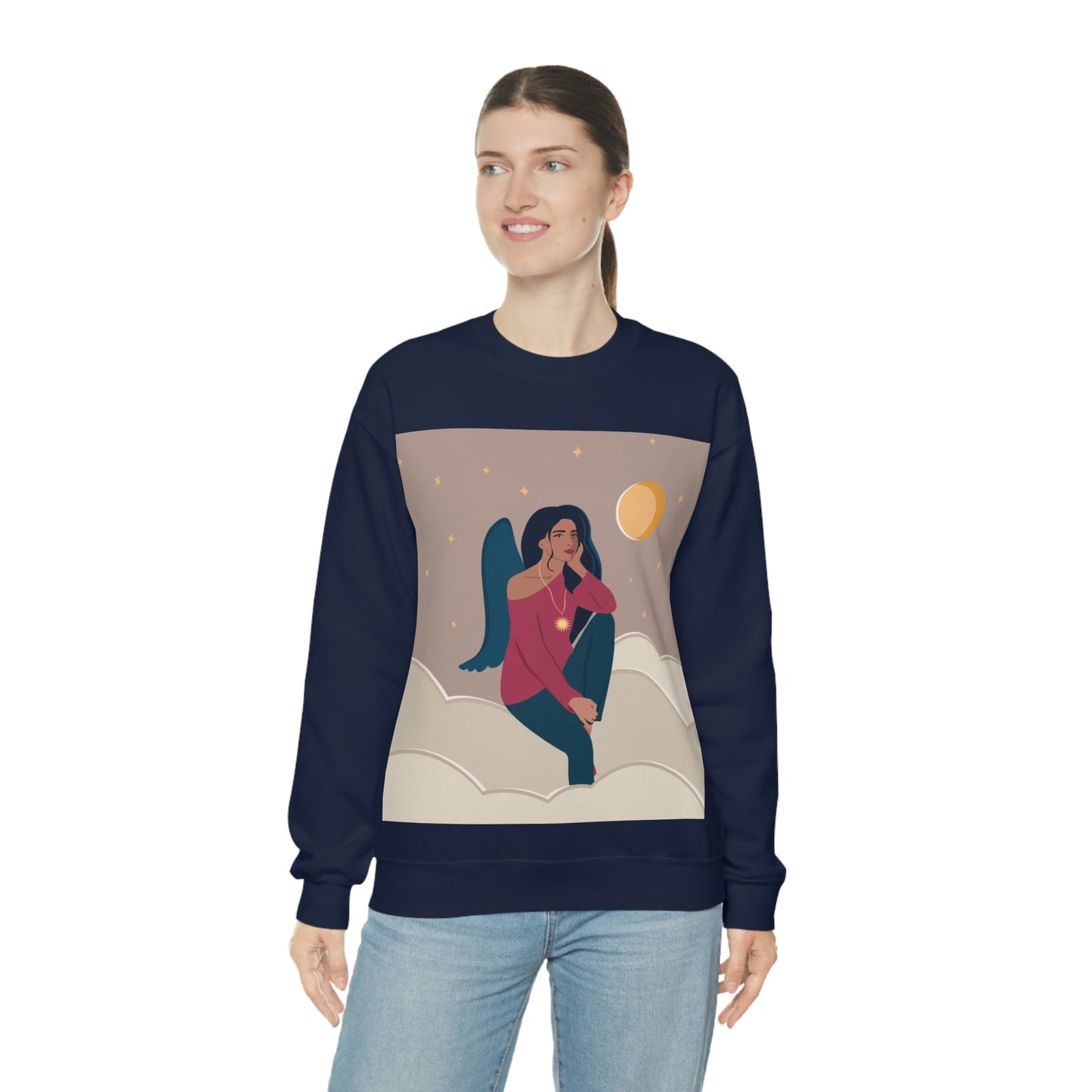 Women Angel Portrait Sitting On Clouds Cartoon Art Unisex Heavy Blend™ Crewneck Sweatshirt