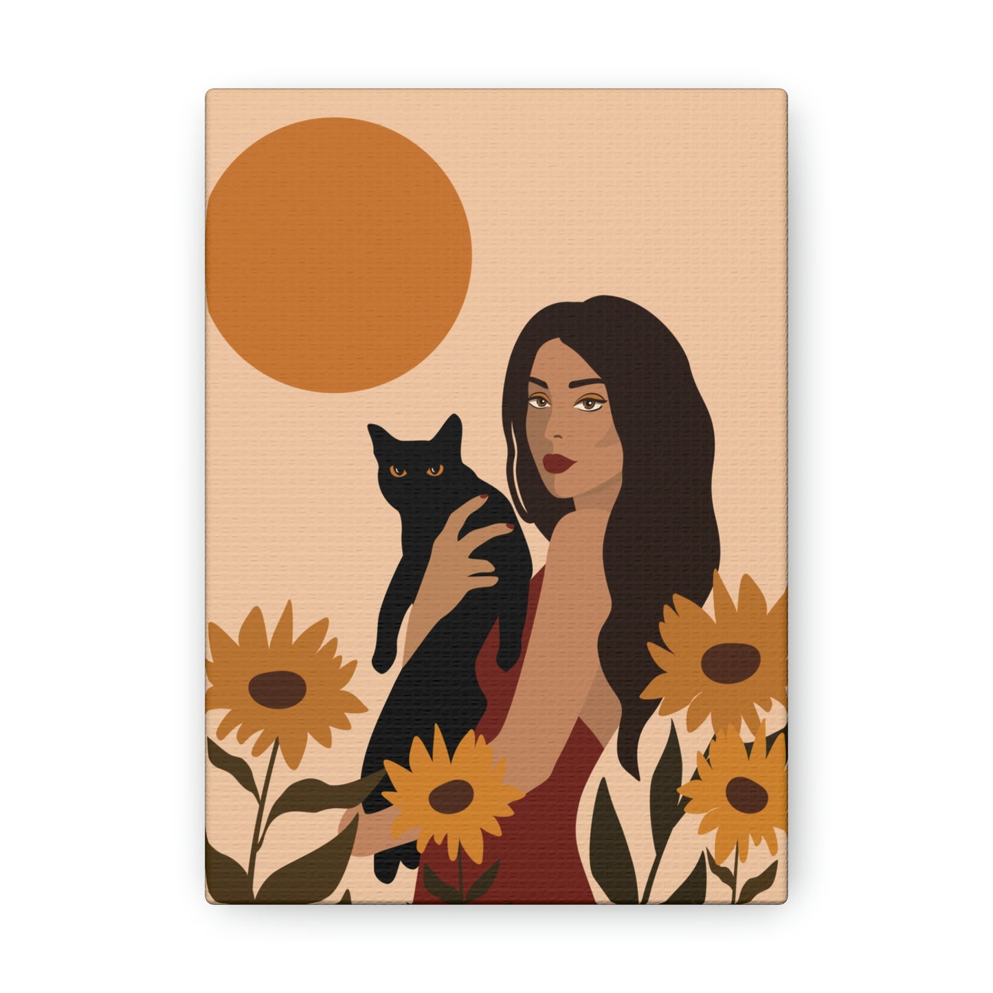 Woman with Black Cat Mininal Sunflowers Aesthetic Art Canvas Gallery Wraps