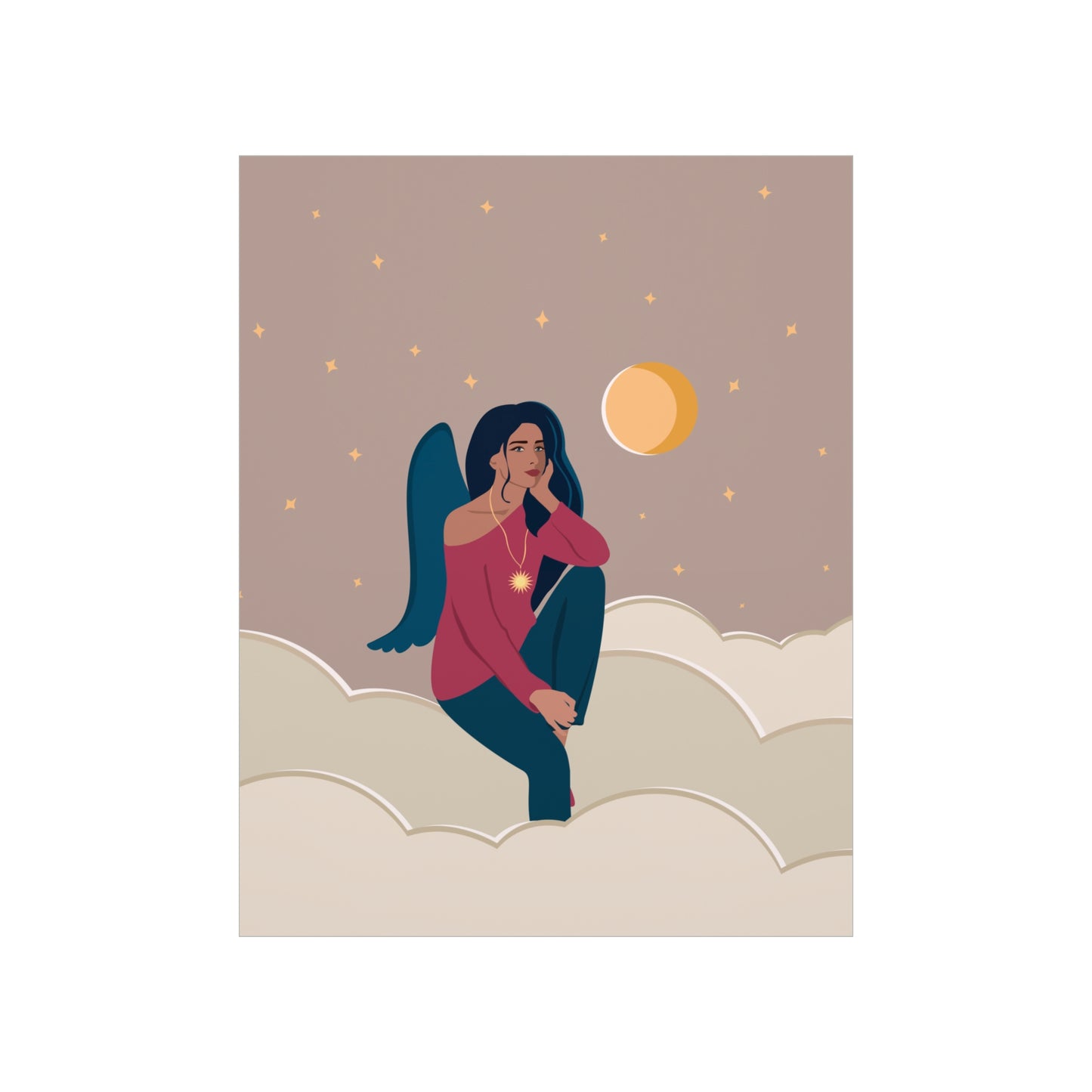 Women Angel Portrait Sitting On Clouds Cartoon Art Classic Premium Matte Vertical Posters