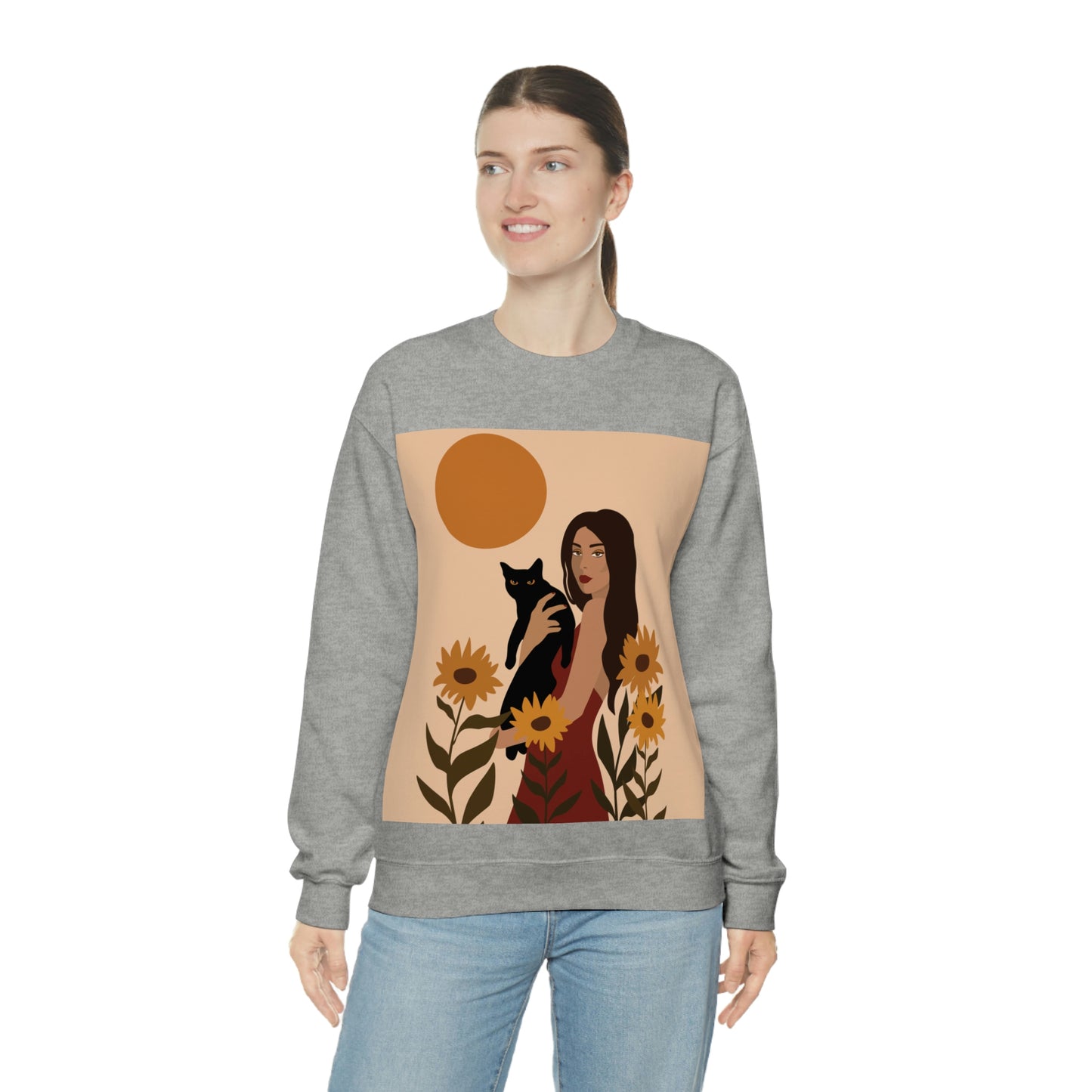 Woman with Black Cat Mininal Sunflowers Aesthetic Art Unisex Heavy Blend™ Crewneck Sweatshirt