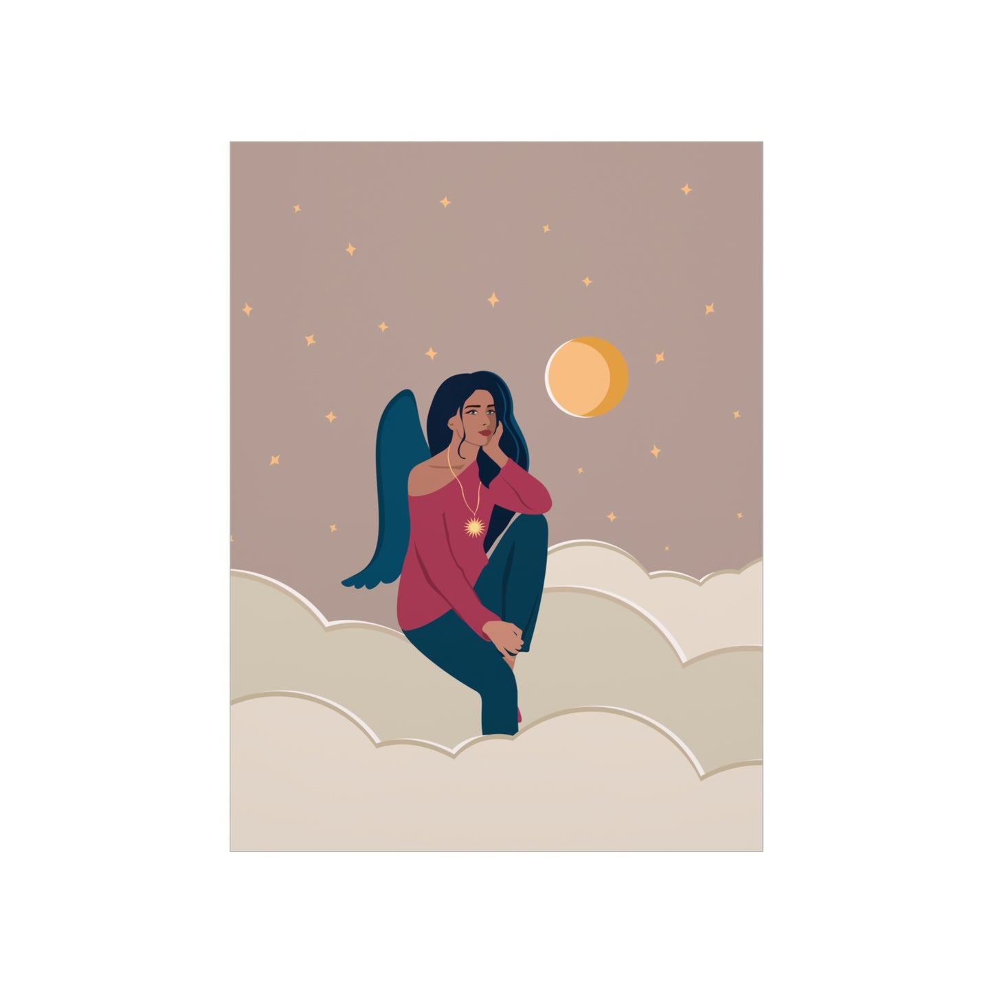 Women Angel Portrait Sitting On Clouds Cartoon Art Classic Premium Matte Vertical Posters