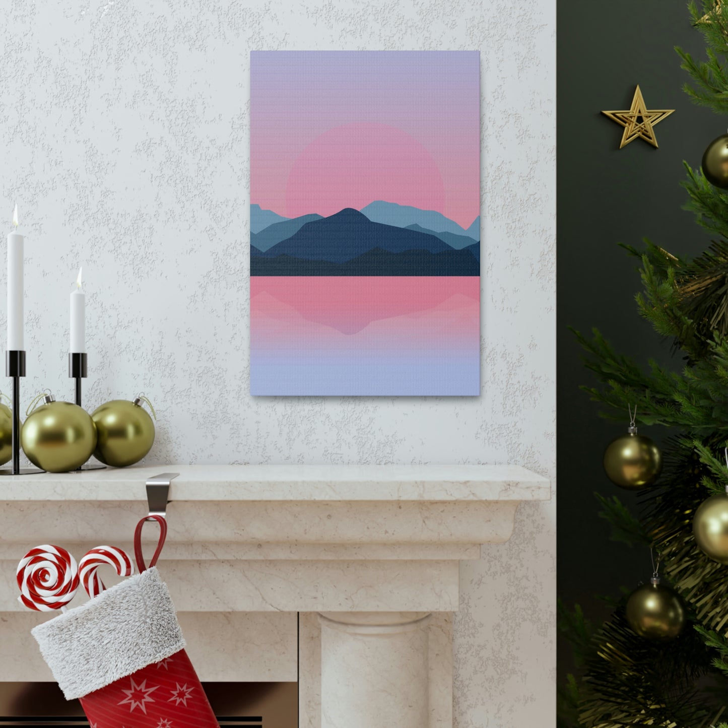 Landscape Mountains Nature Watercolor Sunset Water Classic Art Canvas Gallery Wraps