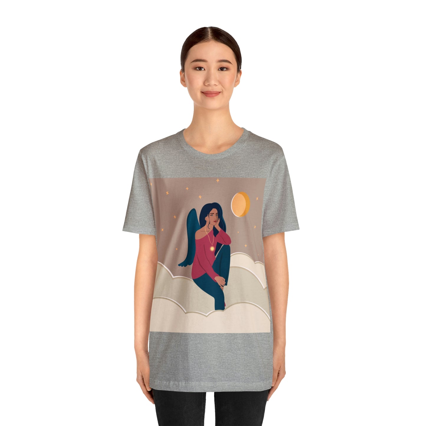 Women Angel Portrait Sitting On Clouds Cartoon Art Unisex Jersey Short Sleeve T-Shirt