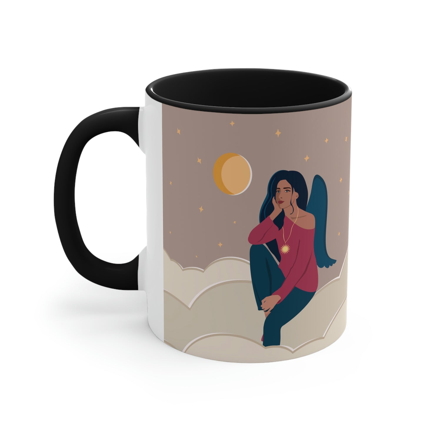 Women Angel Portrait Sitting On Clouds Cartoon Art Accent Coffee Mug 11oz