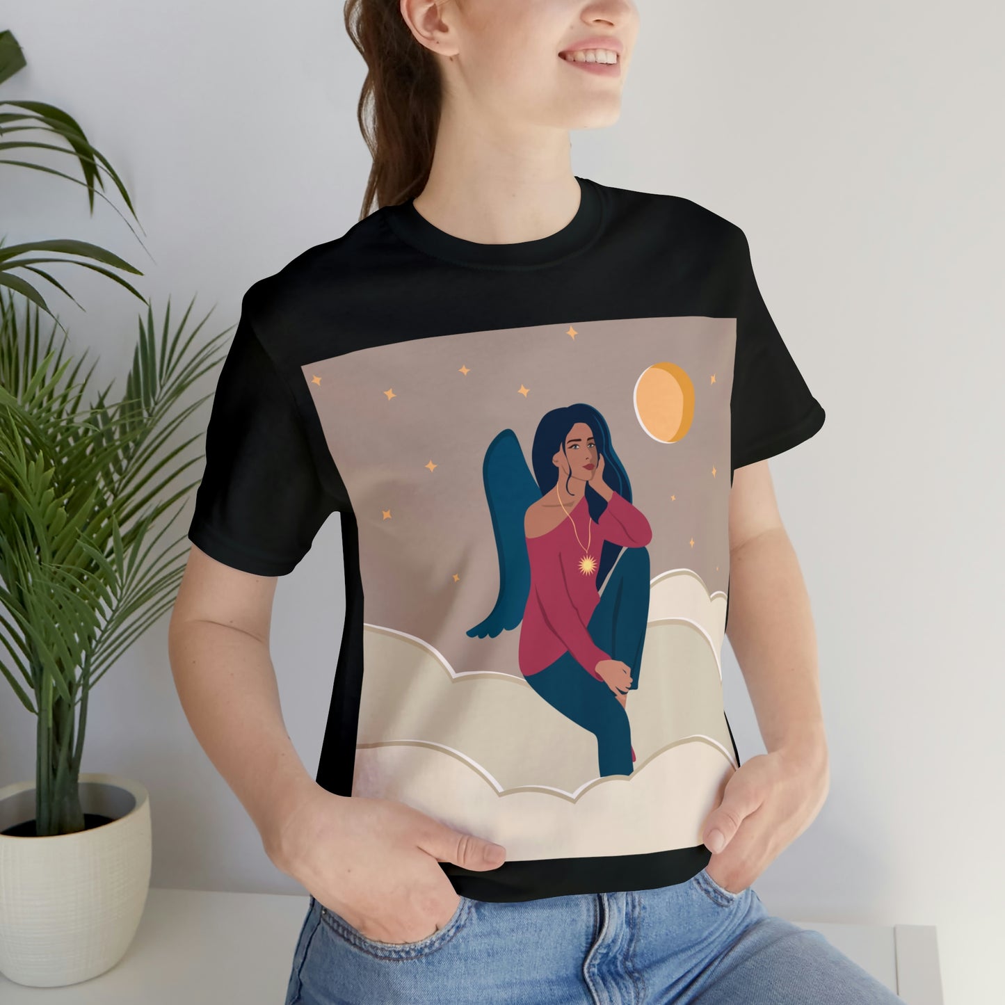 Women Angel Portrait Sitting On Clouds Cartoon Art Unisex Jersey Short Sleeve T-Shirt