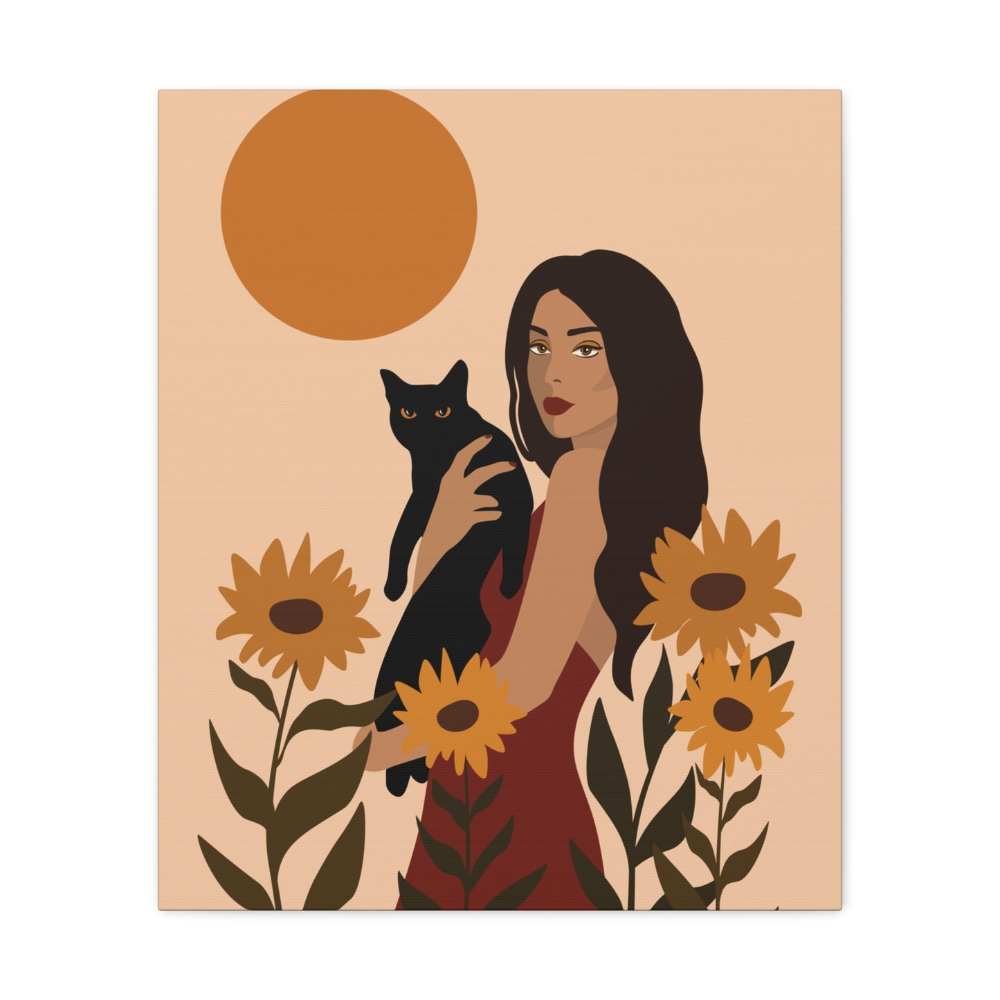 Woman with Black Cat Mininal Sunflowers Aesthetic Art Canvas Gallery Wraps