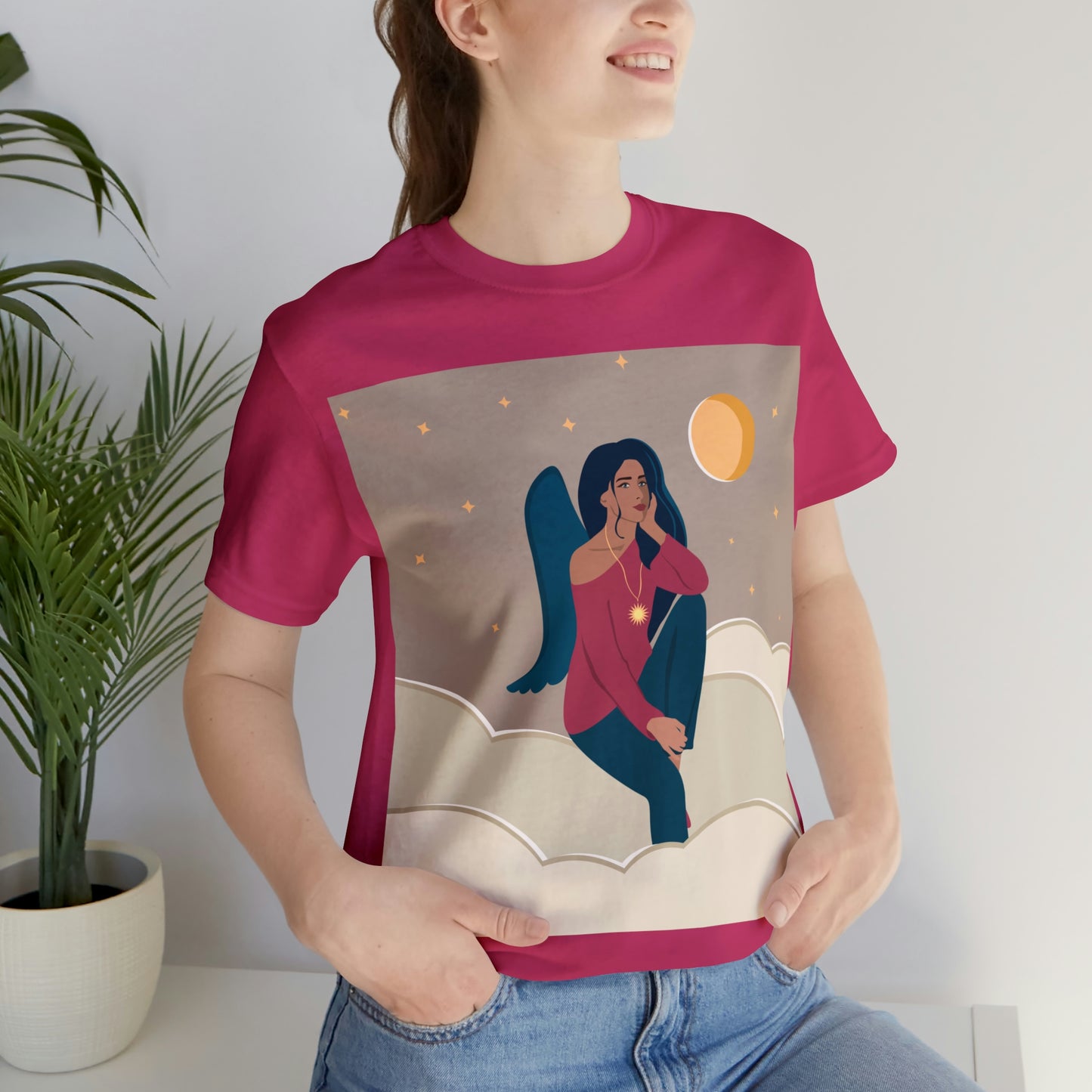 Women Angel Portrait Sitting On Clouds Cartoon Art Unisex Jersey Short Sleeve T-Shirt