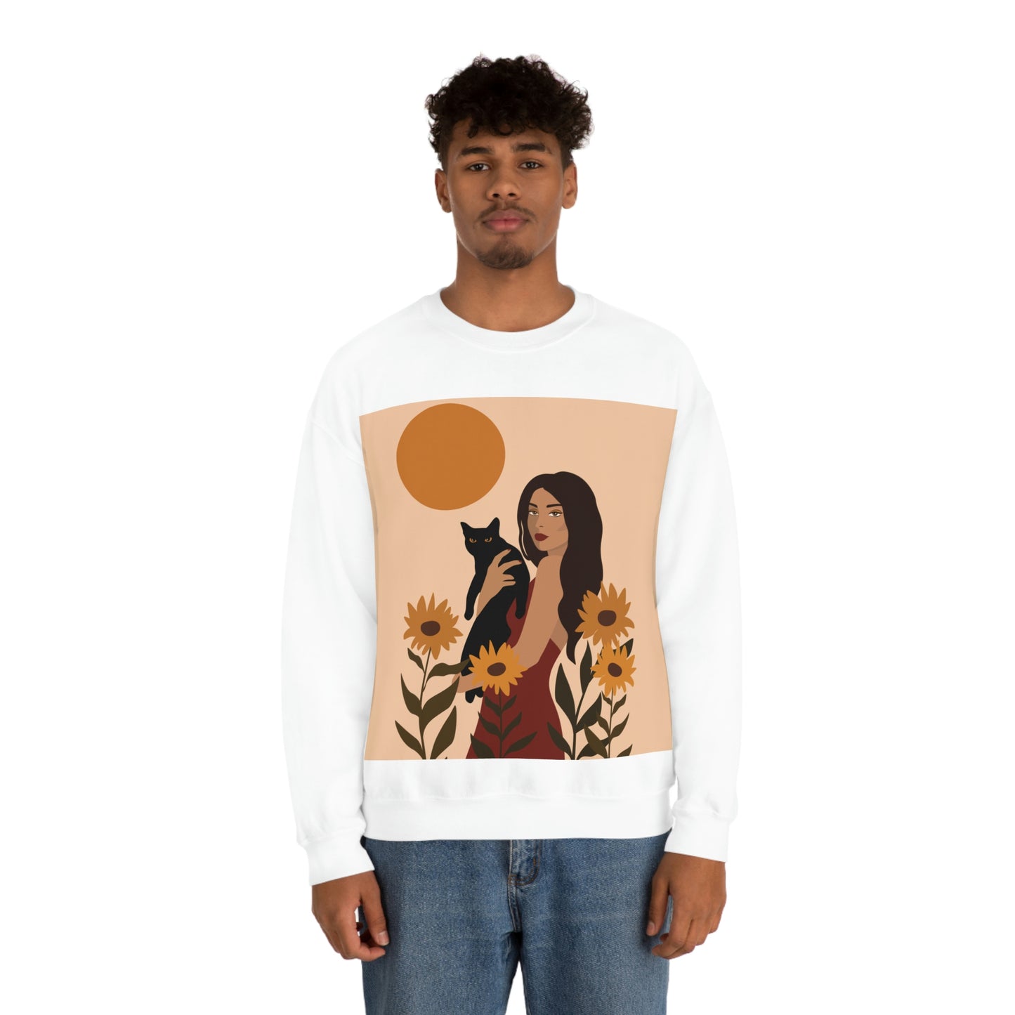 Woman with Black Cat Mininal Sunflowers Aesthetic Art Unisex Heavy Blend™ Crewneck Sweatshirt