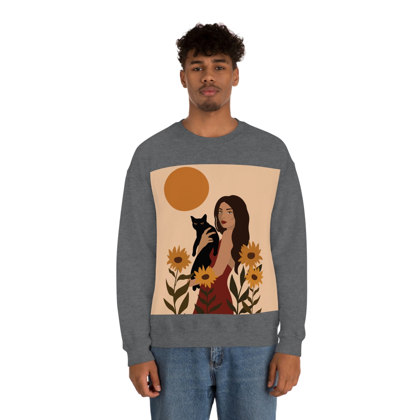 Woman with Black Cat Mininal Sunflowers Aesthetic Art Unisex Heavy Blend™ Crewneck Sweatshirt