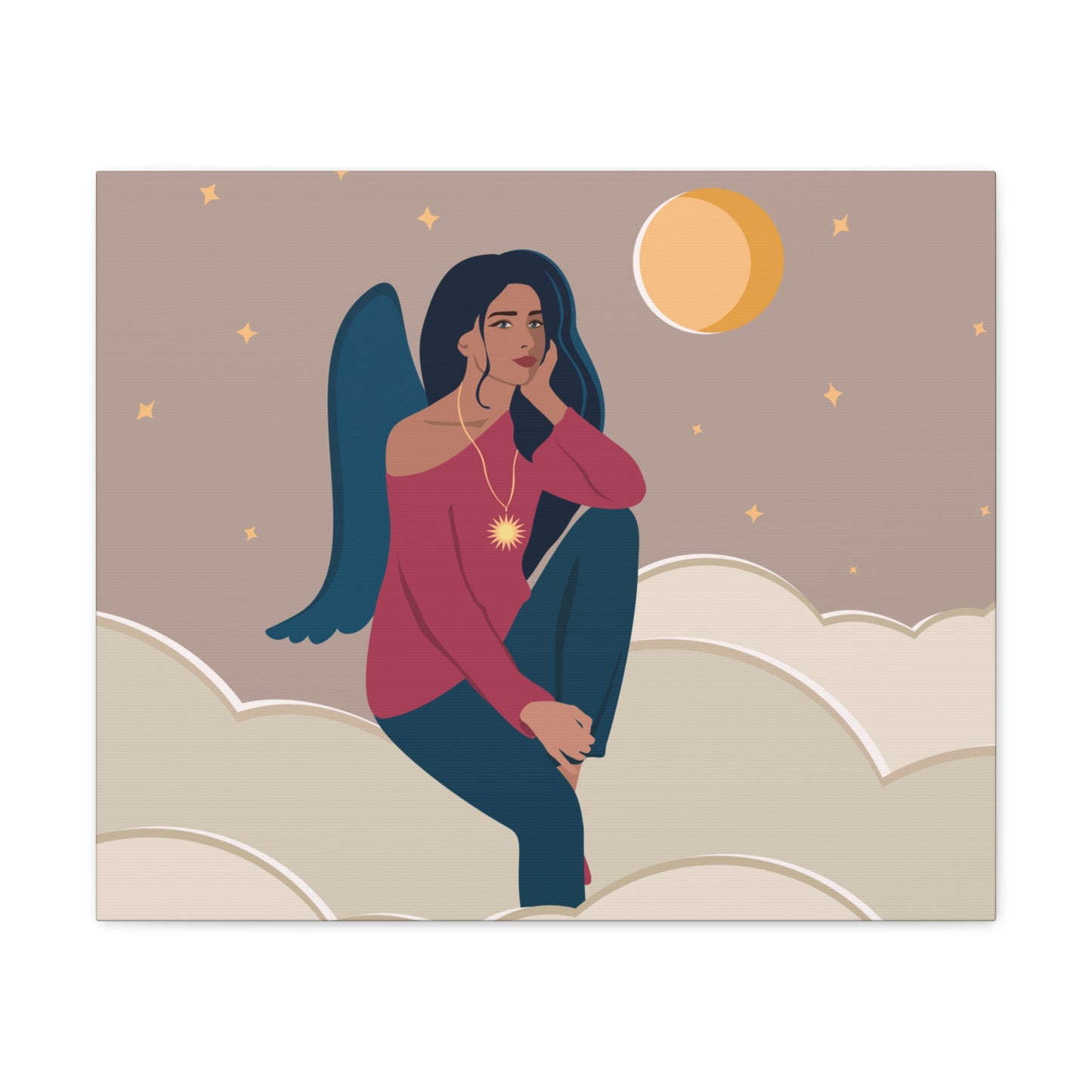 Women Angel Portrait Sitting On Clouds Cartoon Art Canvas Gallery Wraps