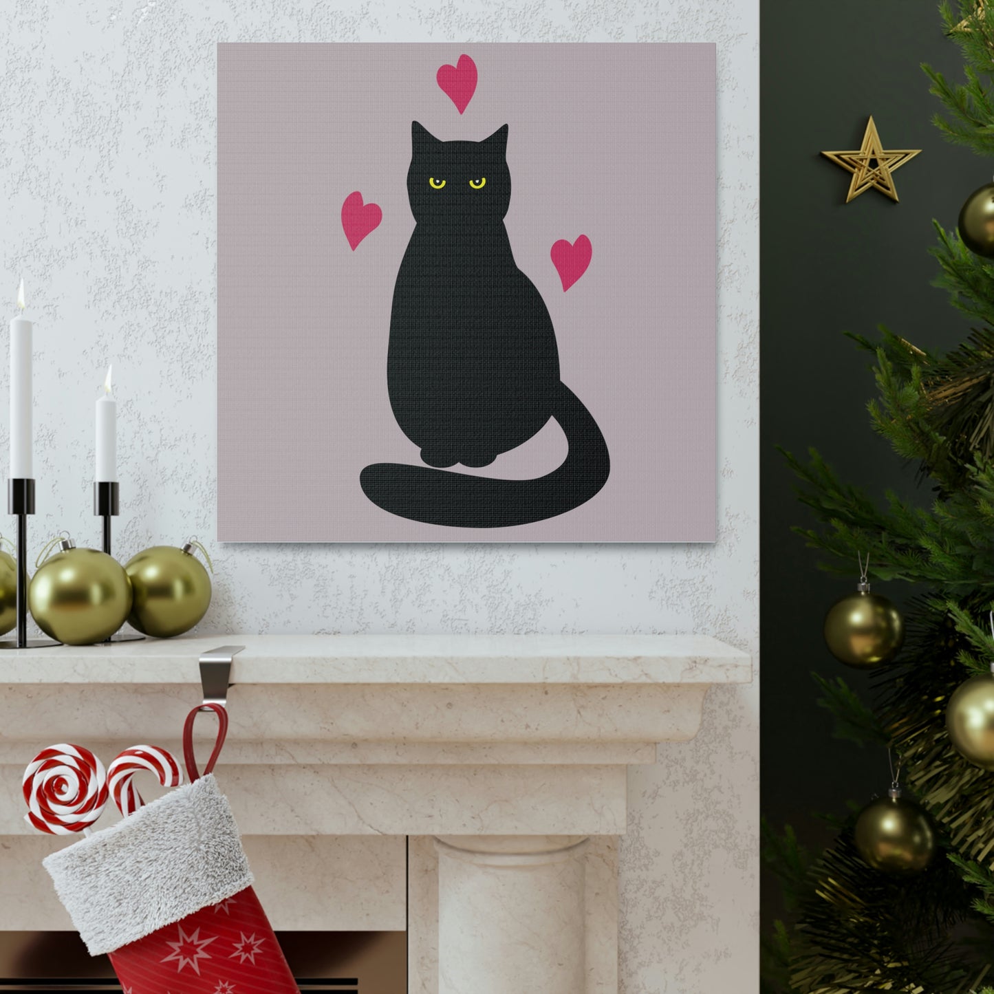 Black Cat with Heart Love Aesthetic Classic Art Canvas Gallery Wraps