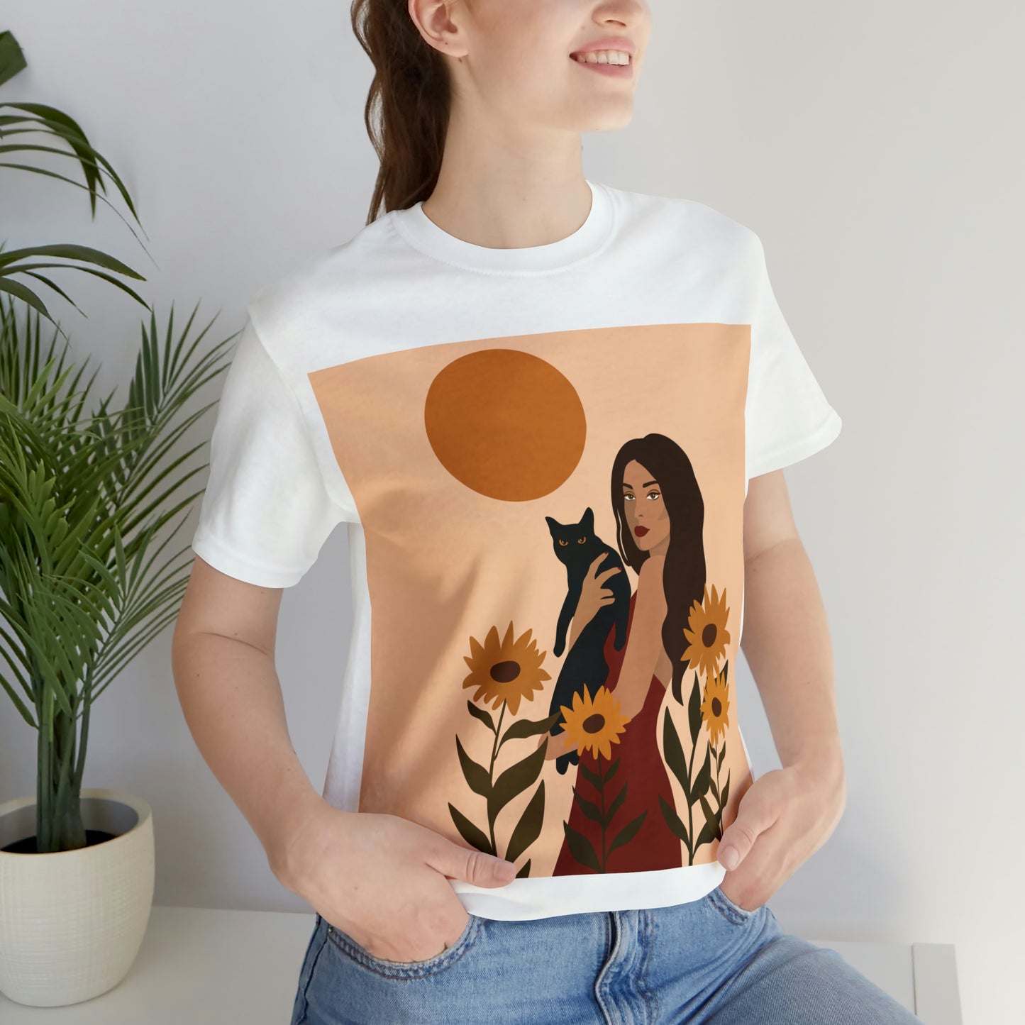 Woman with Black Cat Mininal Sunflowers Aesthetic Art Unisex Jersey Short Sleeve T-Shirt