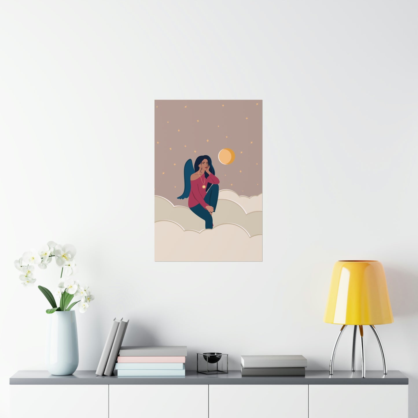 Women Angel Portrait Sitting On Clouds Cartoon Art Classic Premium Matte Vertical Posters