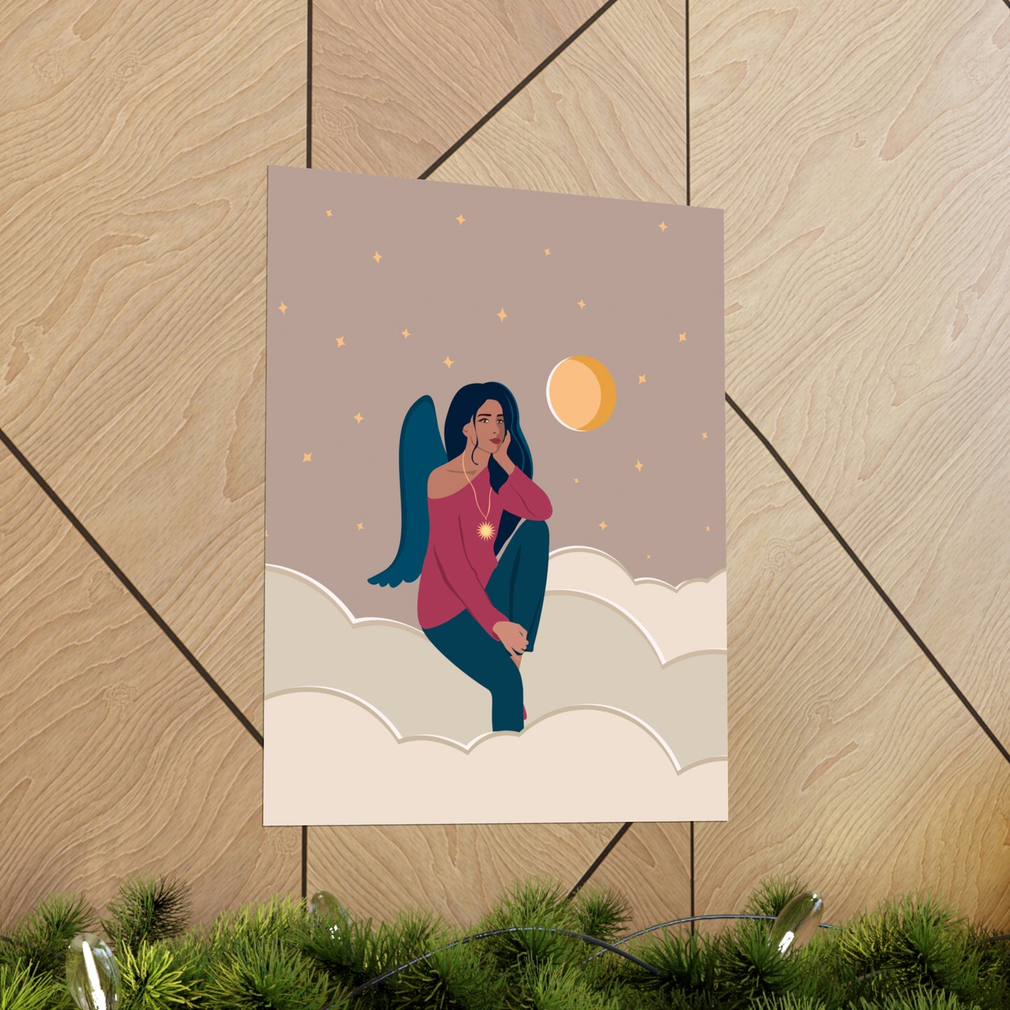 Women Angel Portrait Sitting On Clouds Cartoon Art Classic Premium Matte Vertical Posters