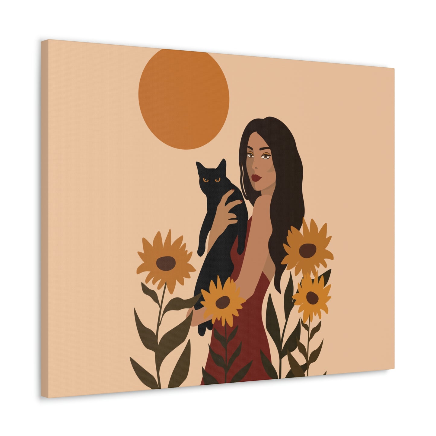 Woman with Black Cat Mininal Sunflowers Aesthetic Art Canvas Gallery Wraps