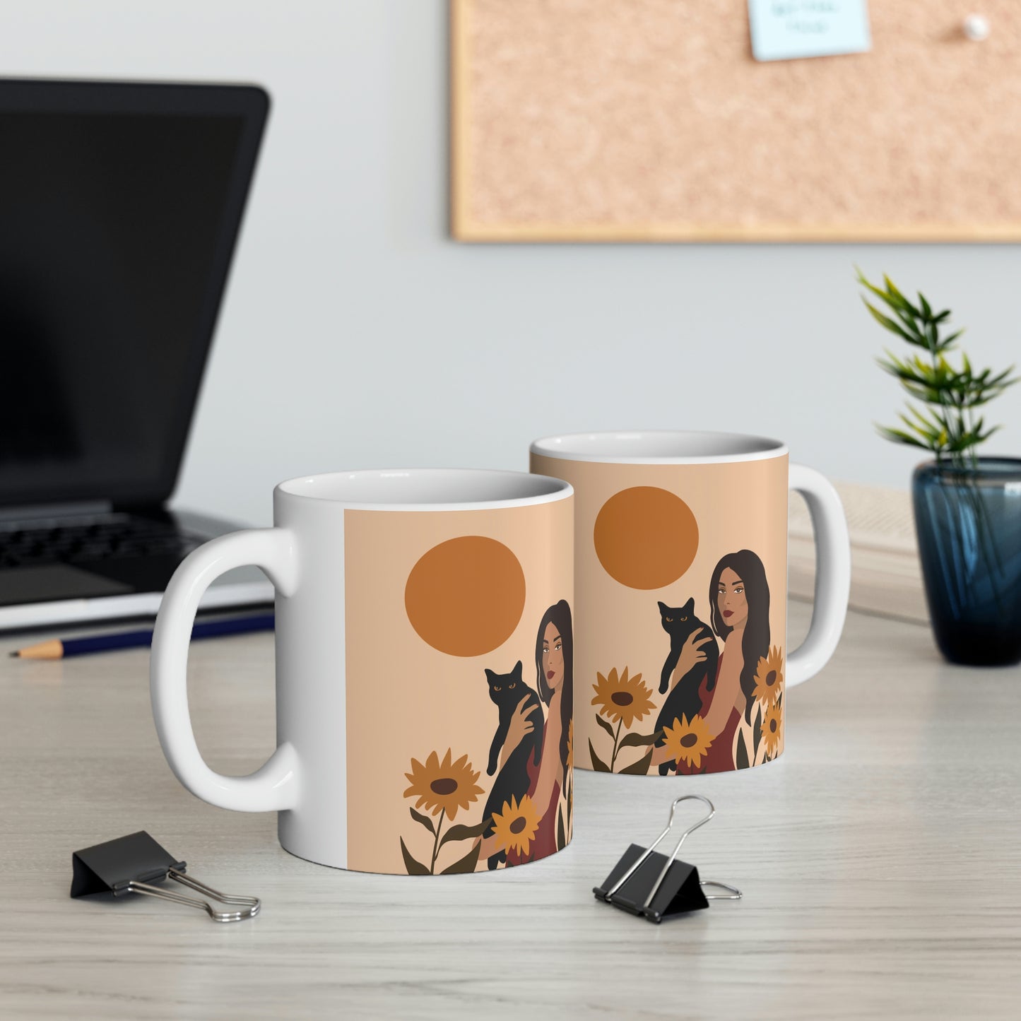 Woman with Black Cat Mininal Sunflowers Aesthetic Art Ceramic Mug 11oz