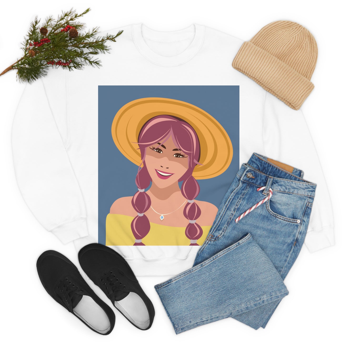 Happy Woman with Rose Hair Aesthetic Art Unisex Heavy Blend™ Crewneck Sweatshirt