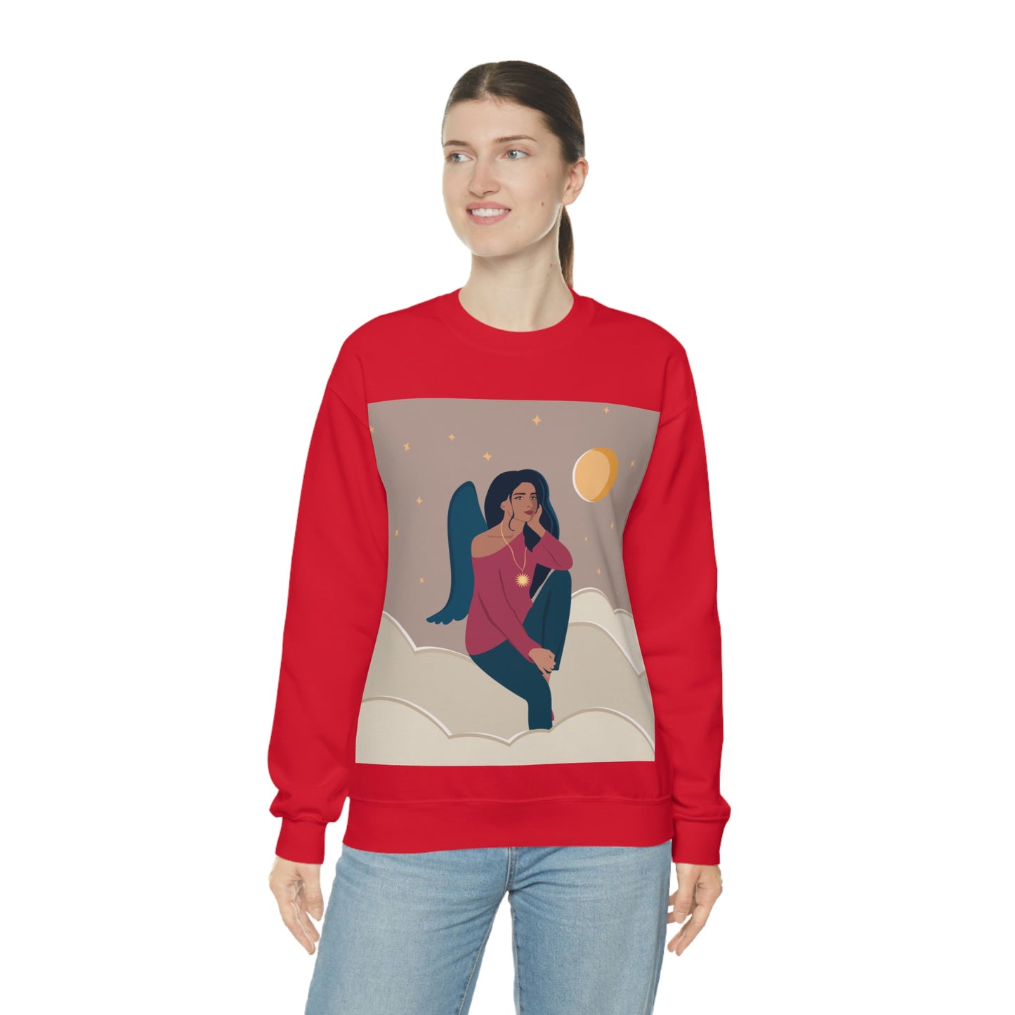 Women Angel Portrait Sitting On Clouds Cartoon Art Unisex Heavy Blend™ Crewneck Sweatshirt