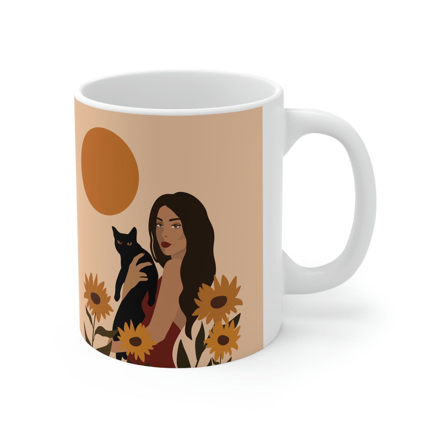 Woman with Black Cat Mininal Sunflowers Aesthetic Art Ceramic Mug 11oz