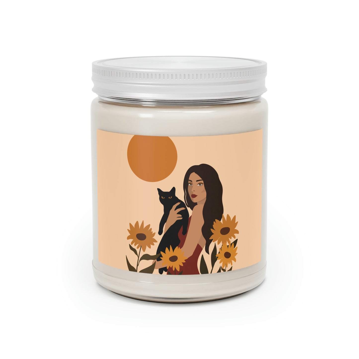 Woman with Black Cat Mininal Sunflowers Aesthetic Art Scented Candle Up to 60hSoy Wax 9oz