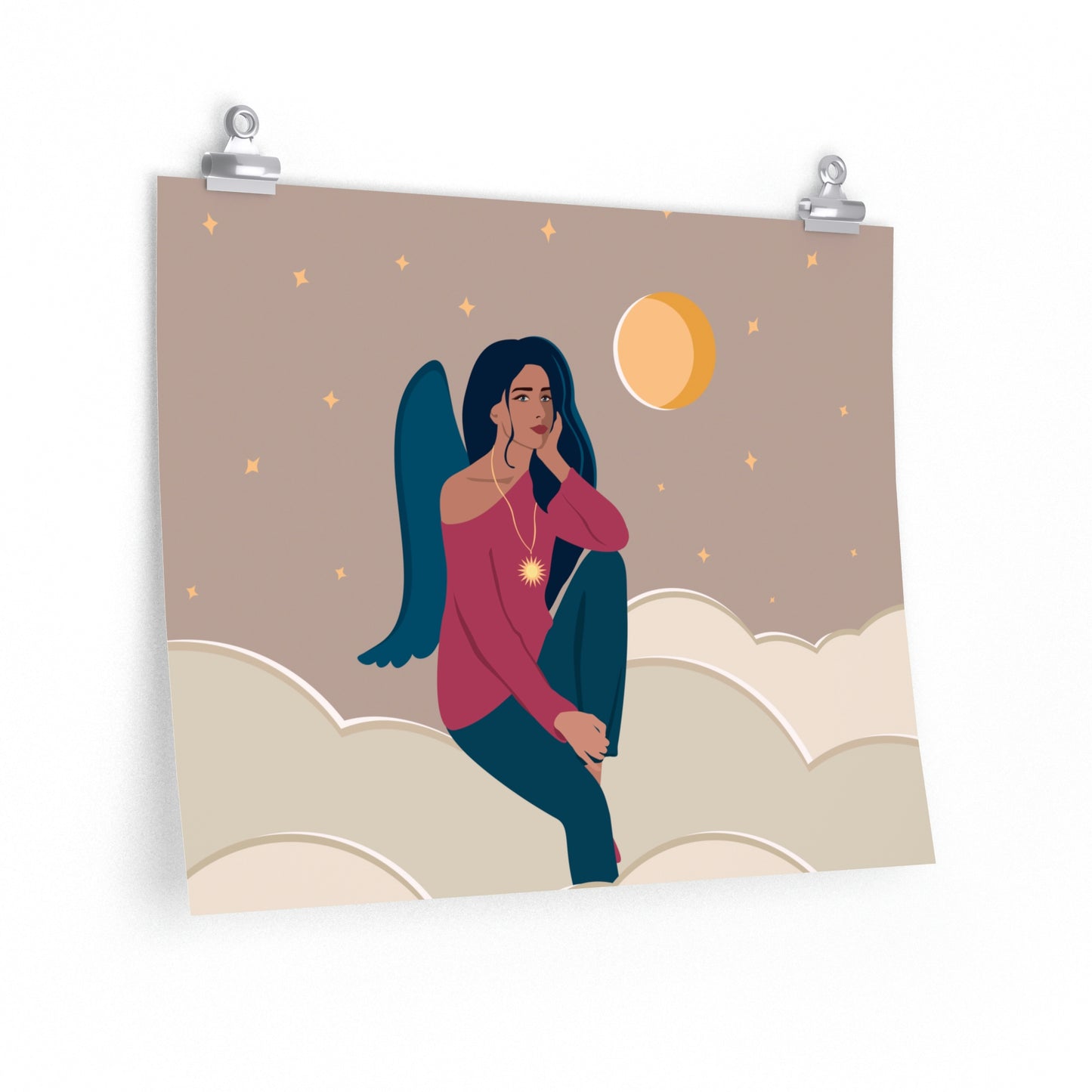 Women Angel Portrait Sitting On Clouds Cartoon Art Classic Premium Matte Horizontal Posters