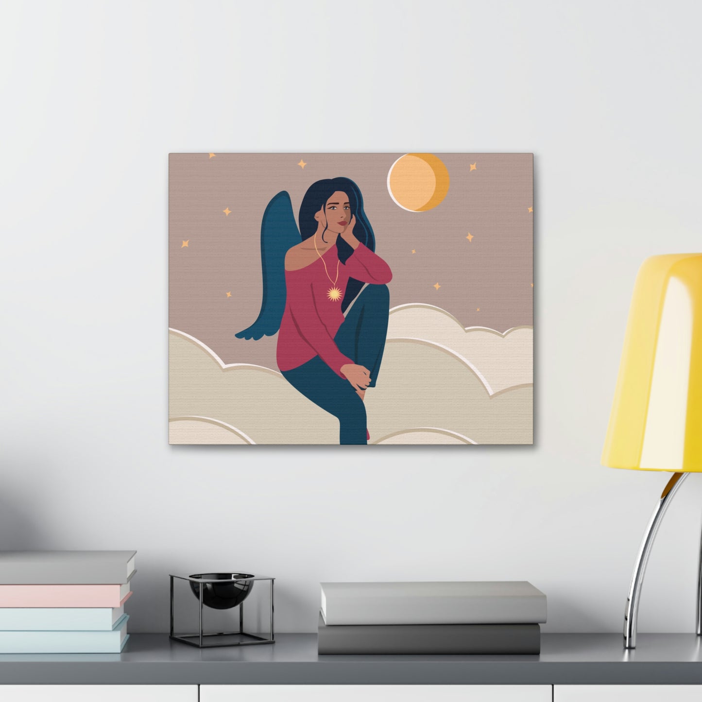 Women Angel Portrait Sitting On Clouds Cartoon Art Canvas Gallery Wraps